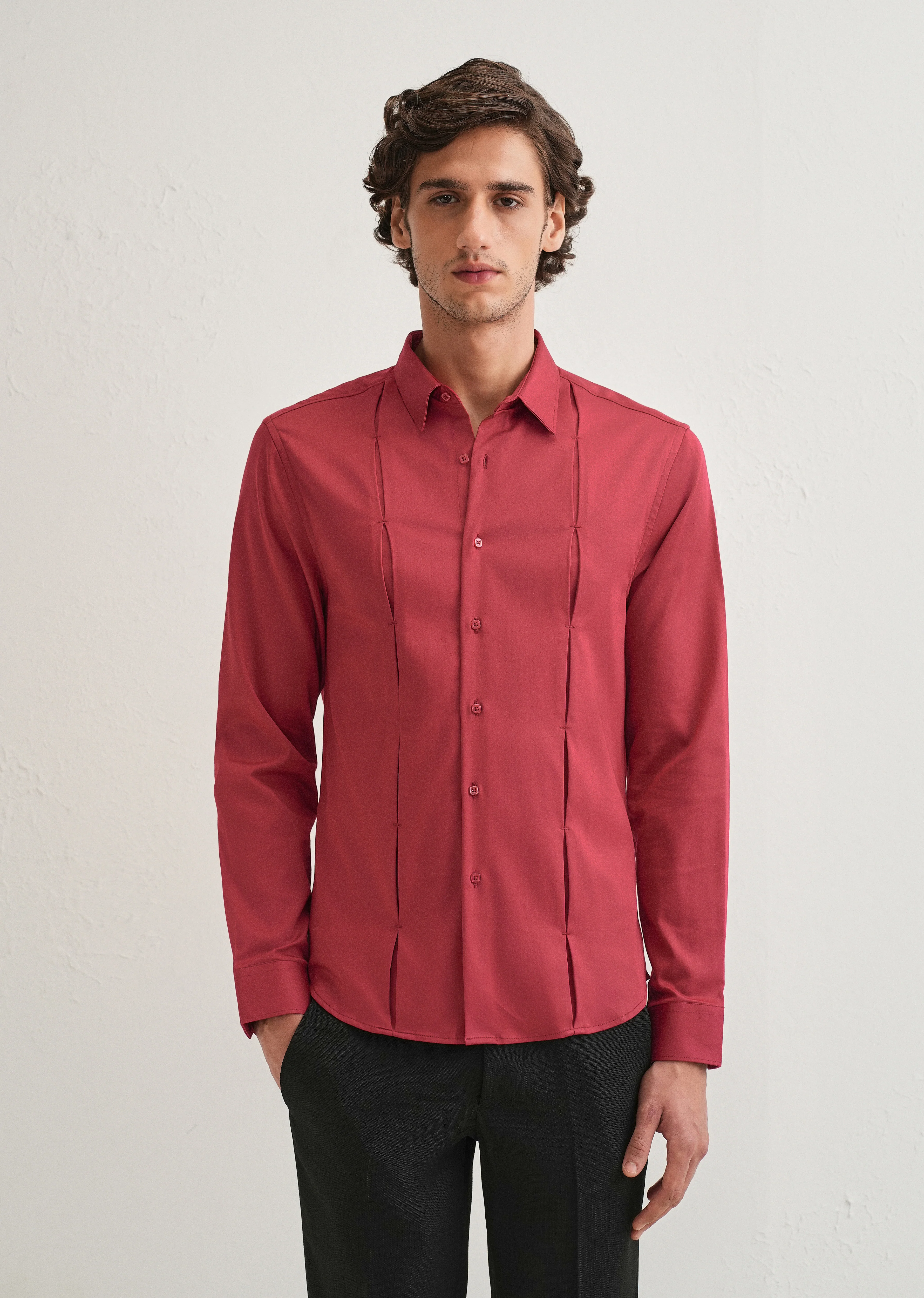 Ruby Red Front Panel Open Pleat Shirt - Image 3