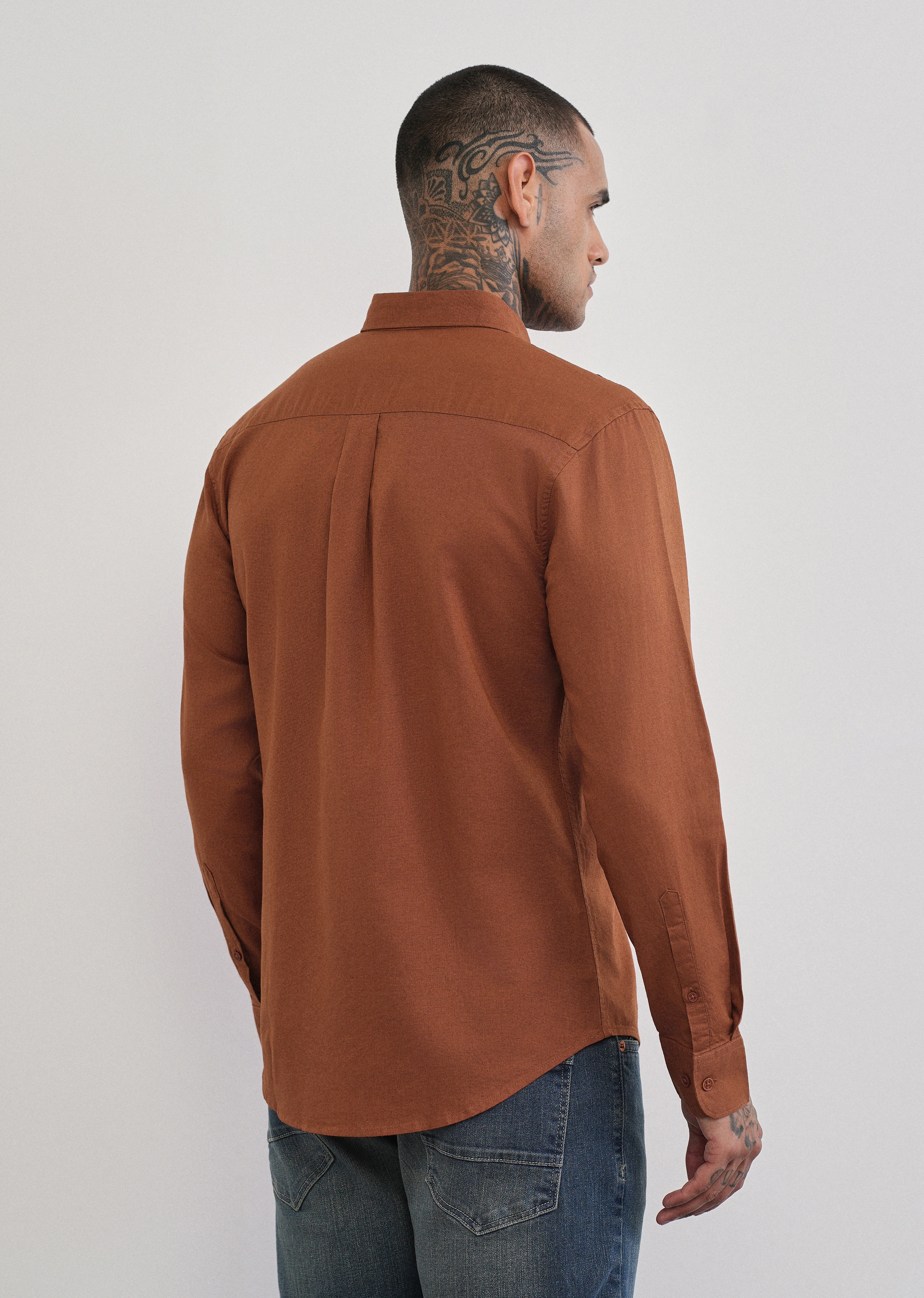 Rust Brown Cotton Linen Plain Shirt - Image 2