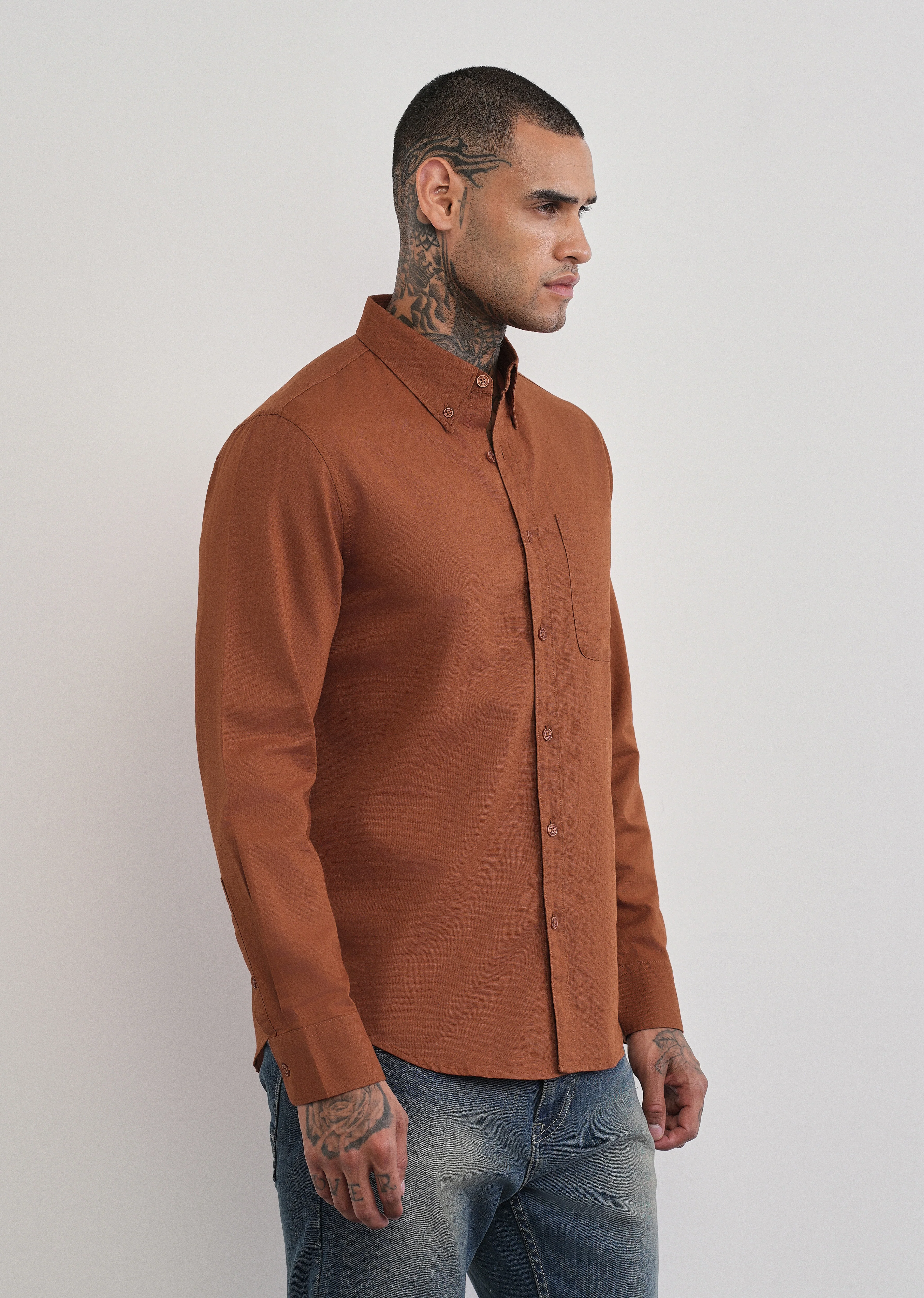 Rust Brown Cotton Linen Plain Shirt - Image 4