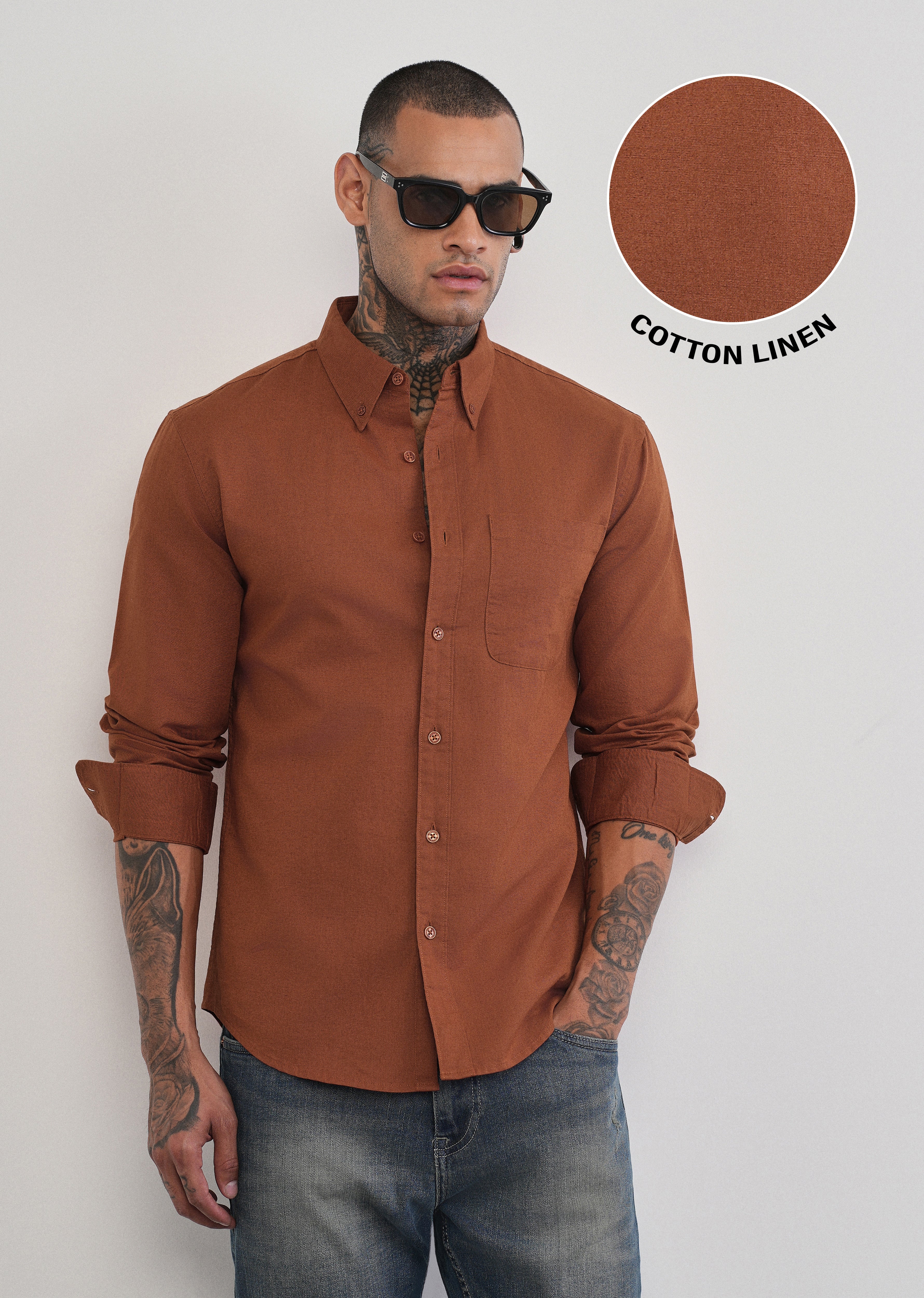 Rust Brown Cotton Linen Plain Shirt - Image 7