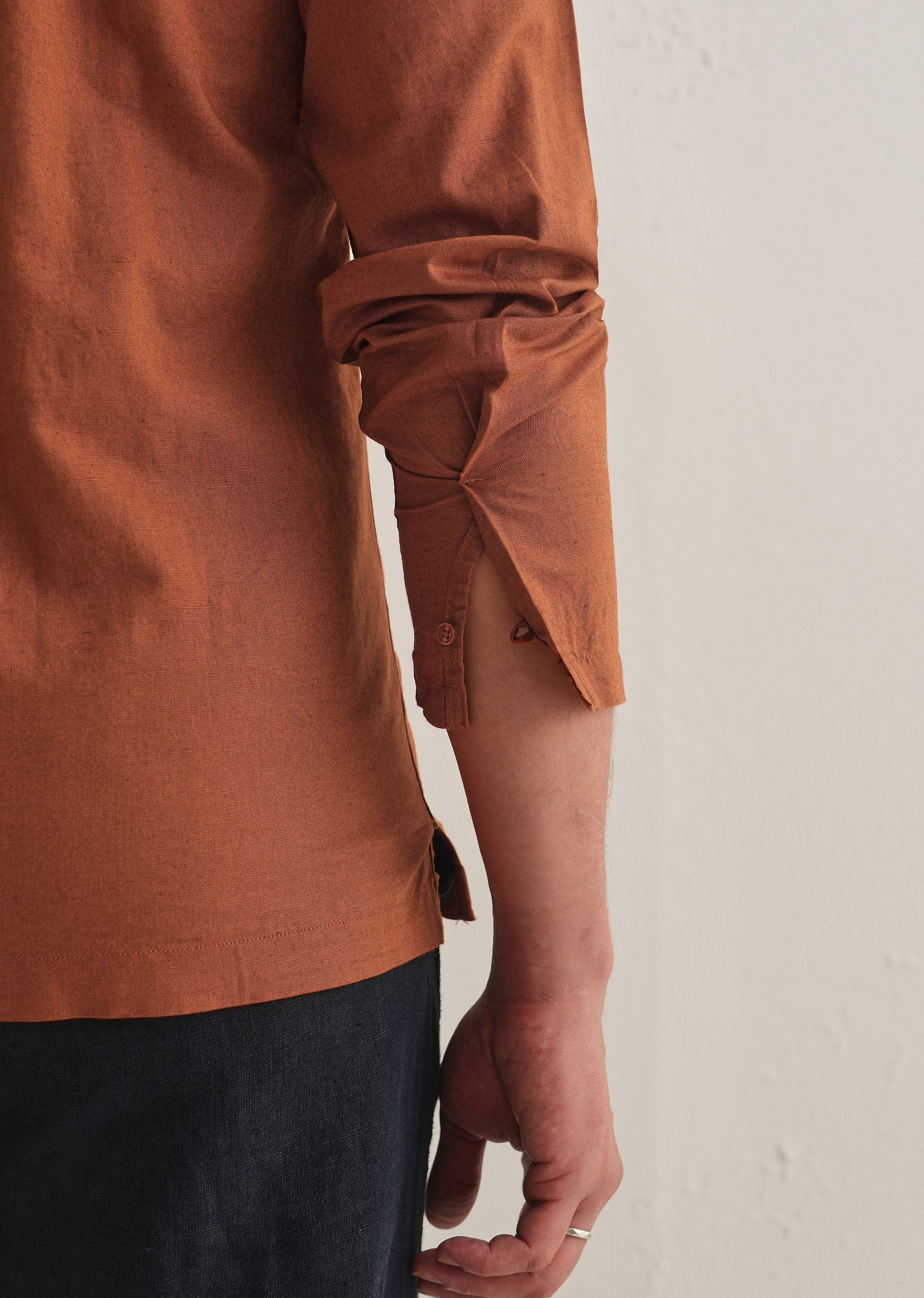 Rust Brown Hidden Sleeve Placket Cotton Linen Shirt - Image 3