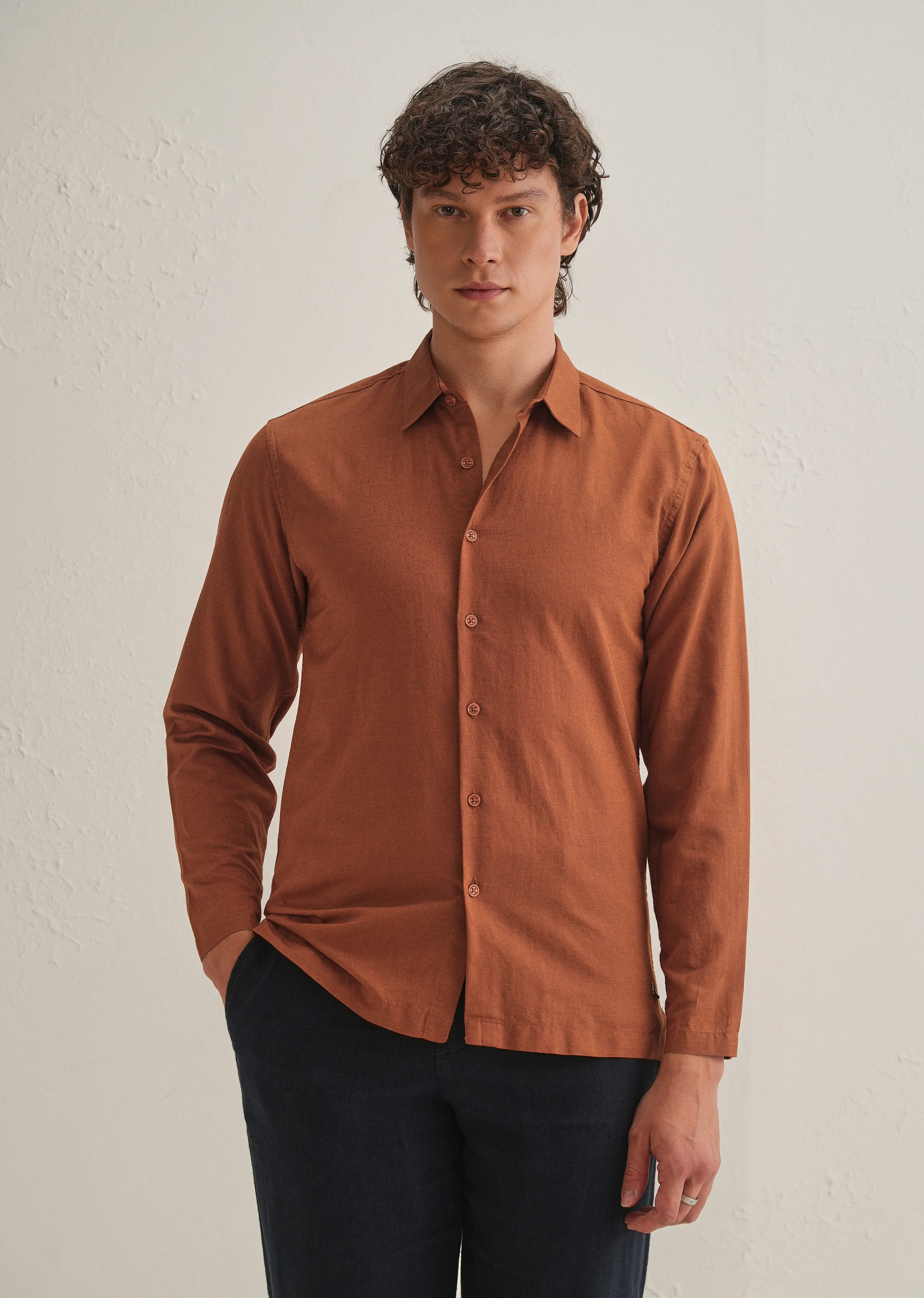 Rust Brown Hidden Sleeve Placket Cotton Linen Shirt - Image 4