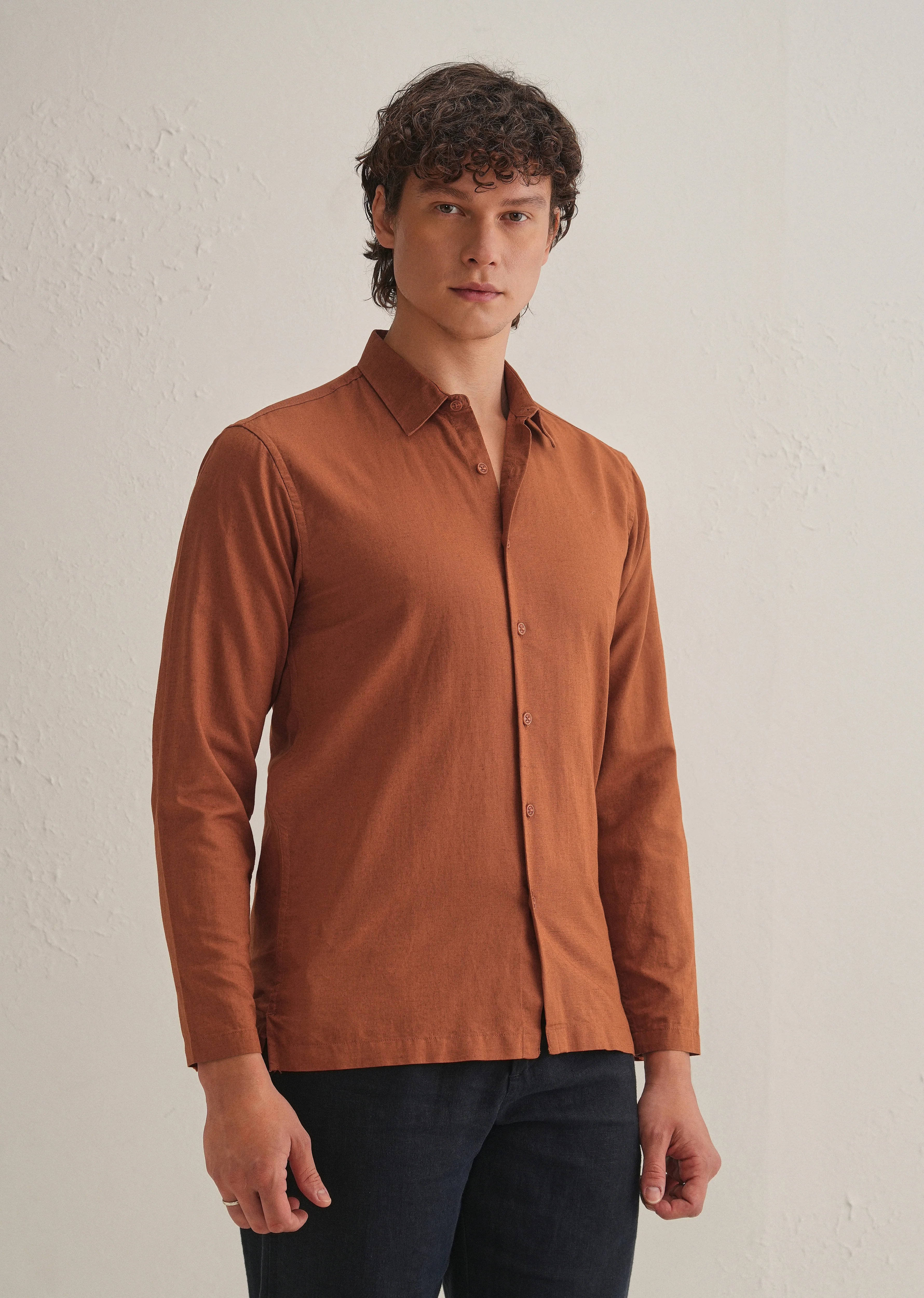Rust Brown Hidden Sleeve Placket Cotton Linen Shirt - Image 6