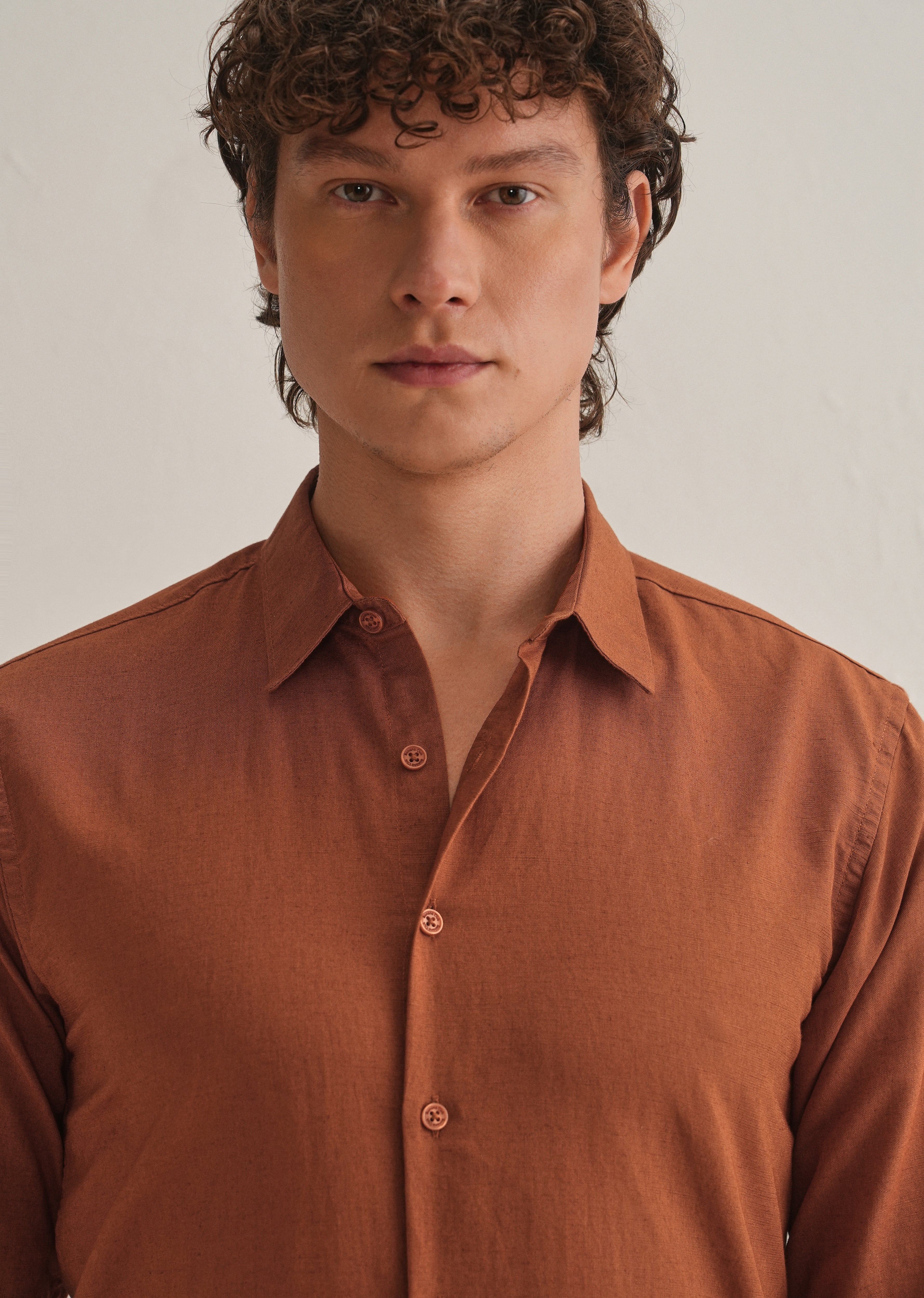 Rust Brown Hidden Sleeve Placket Cotton Linen Shirt - Image 7