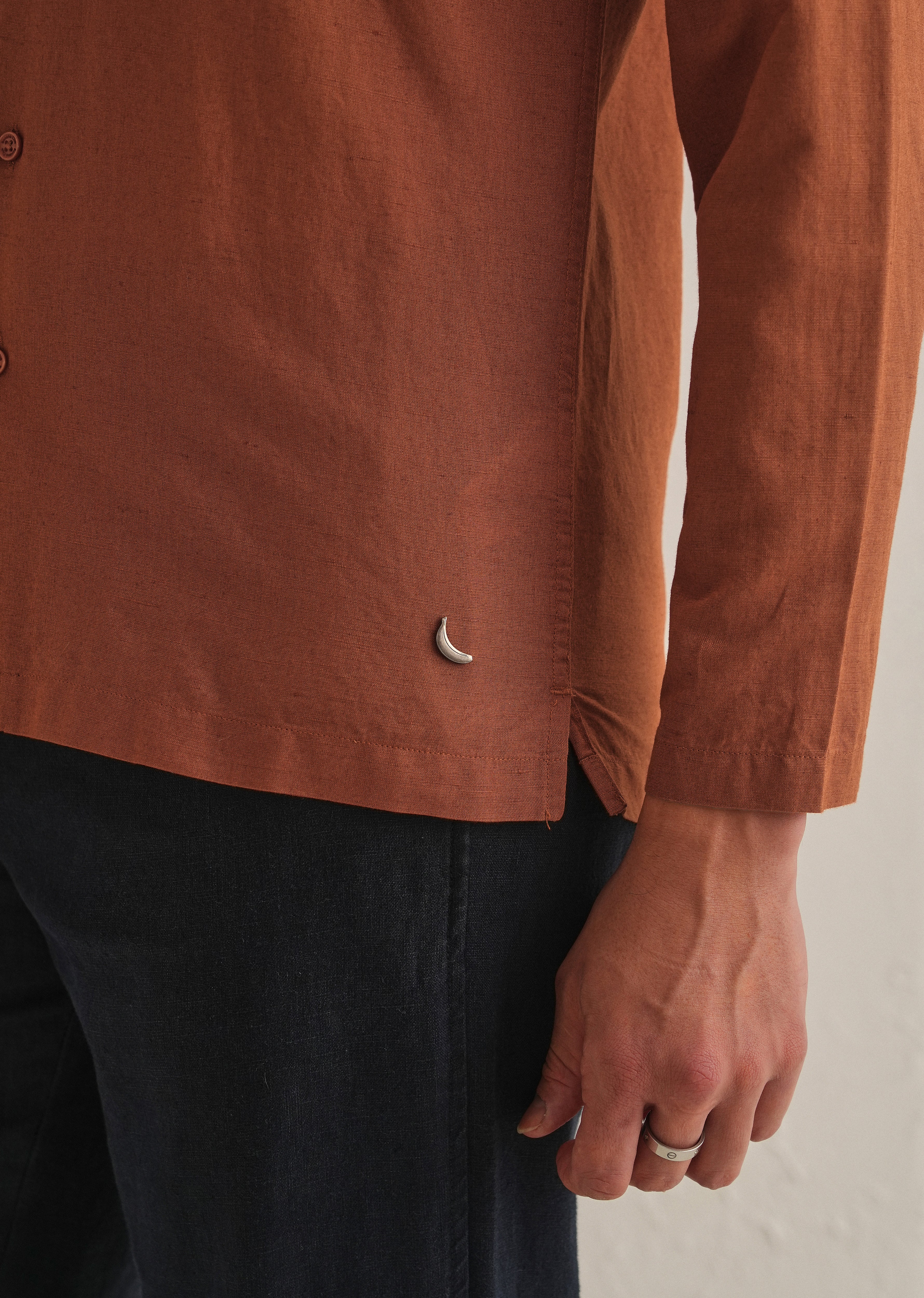 Rust Brown Hidden Sleeve Placket Cotton Linen Shirt - Image 8