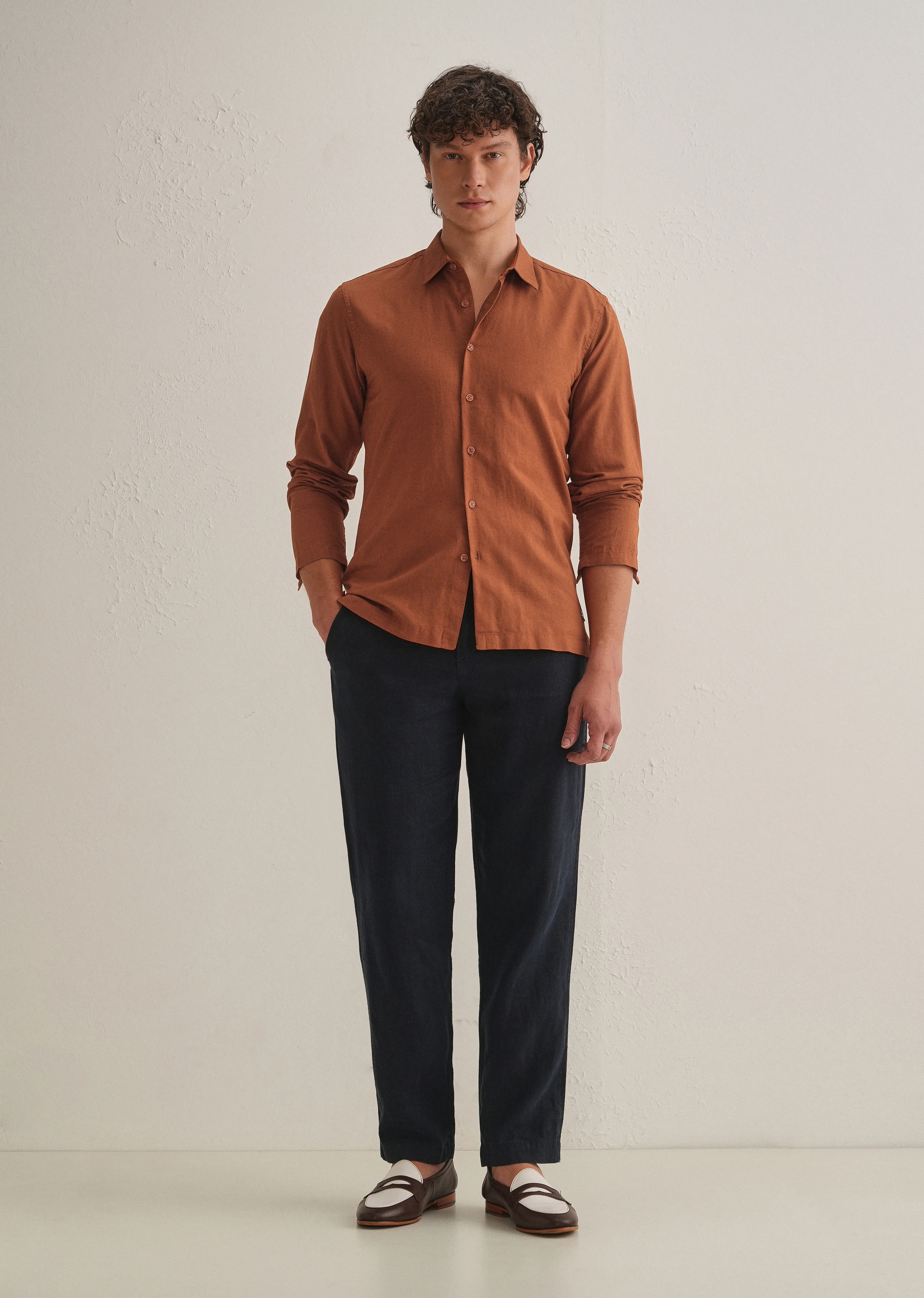 Rust Brown Hidden Sleeve Placket Cotton Linen Shirt - Image 9
