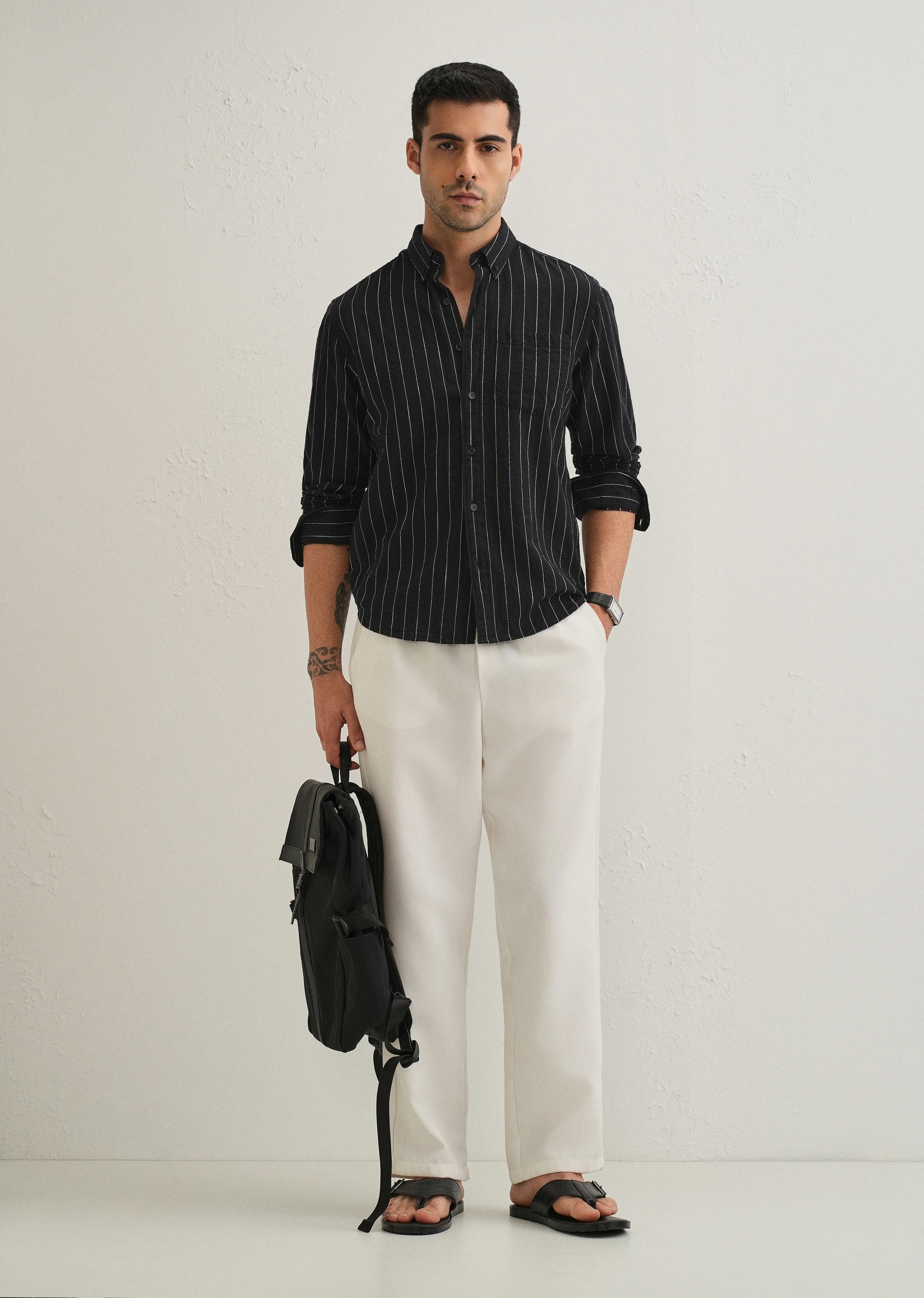 Sable Black Striped Cotton Linen Shirt - Image 6