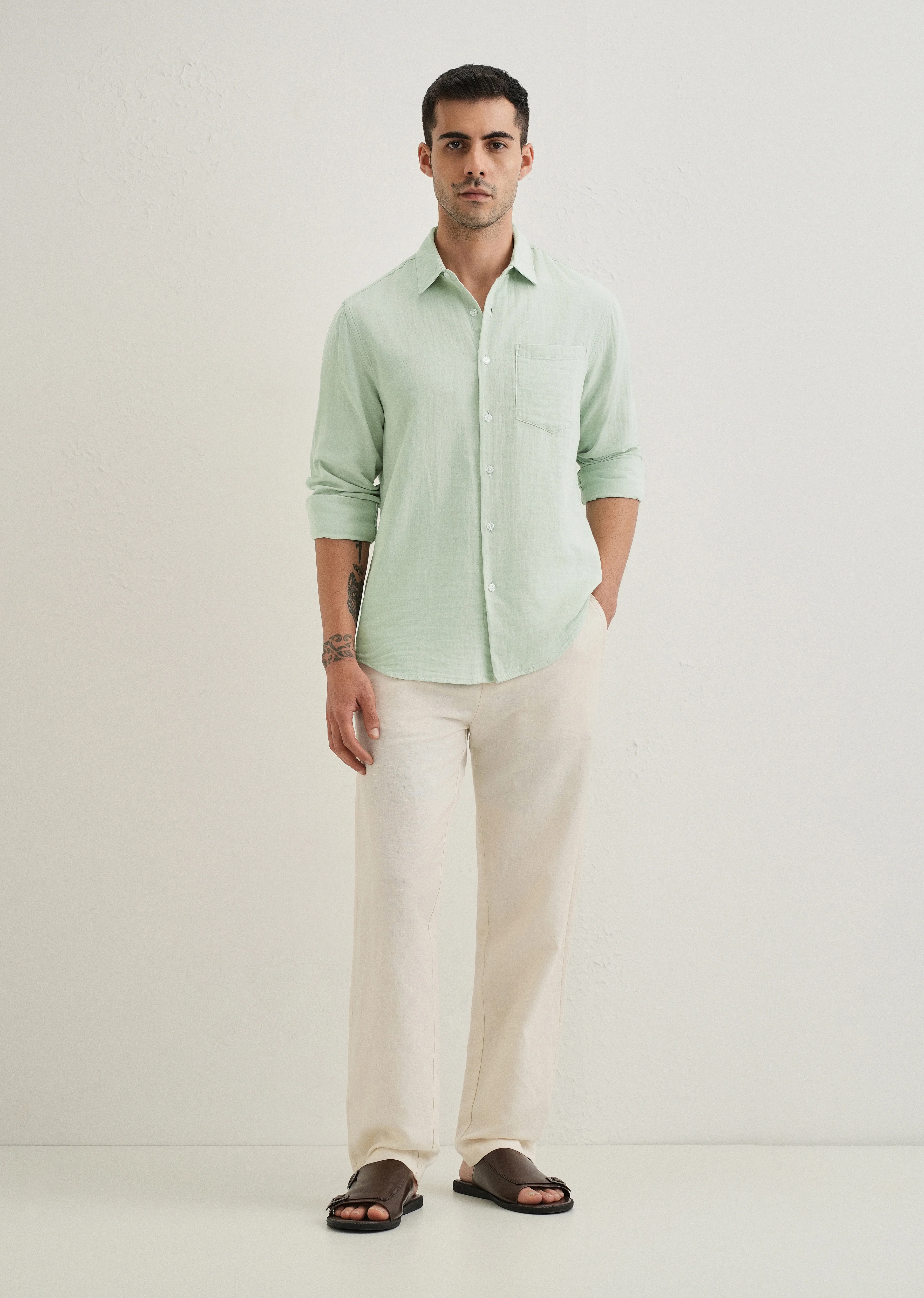 Sage Green Double Cloth Cotton Shirt - Image 7