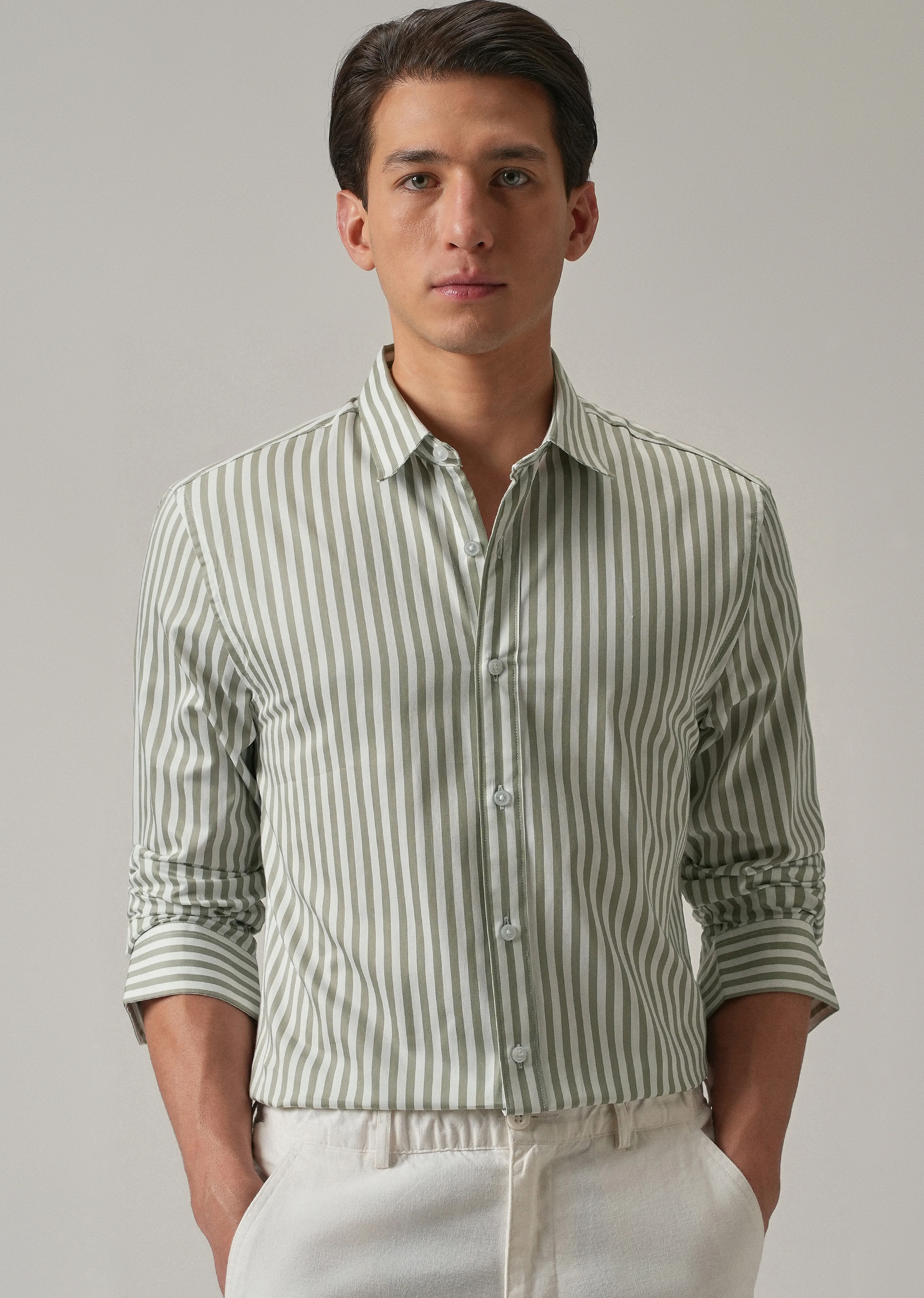 Sage Green Satin Pin Stripe Shirt - Image 7