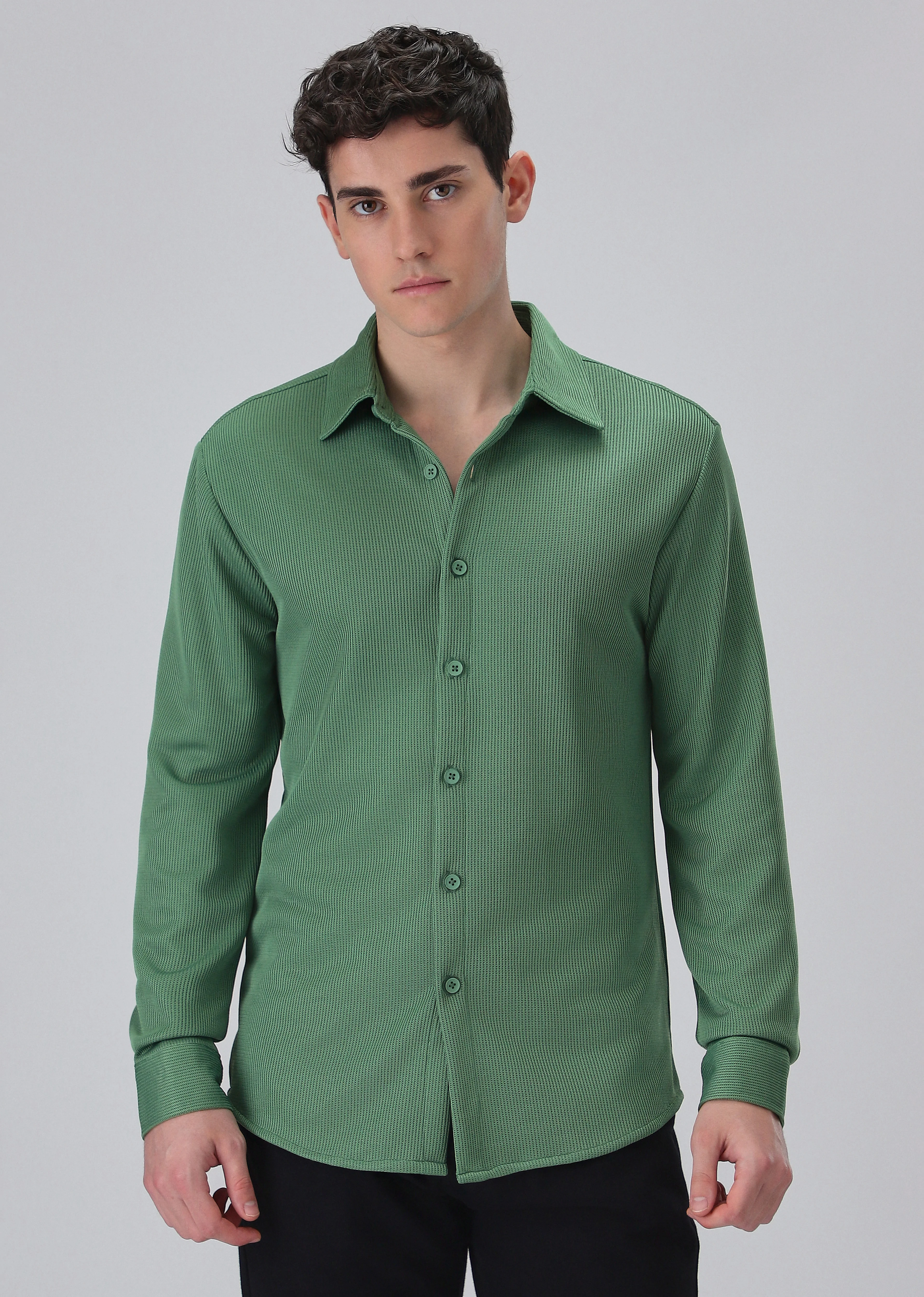 Sage Green Plain Knitted Shirt - Image 3