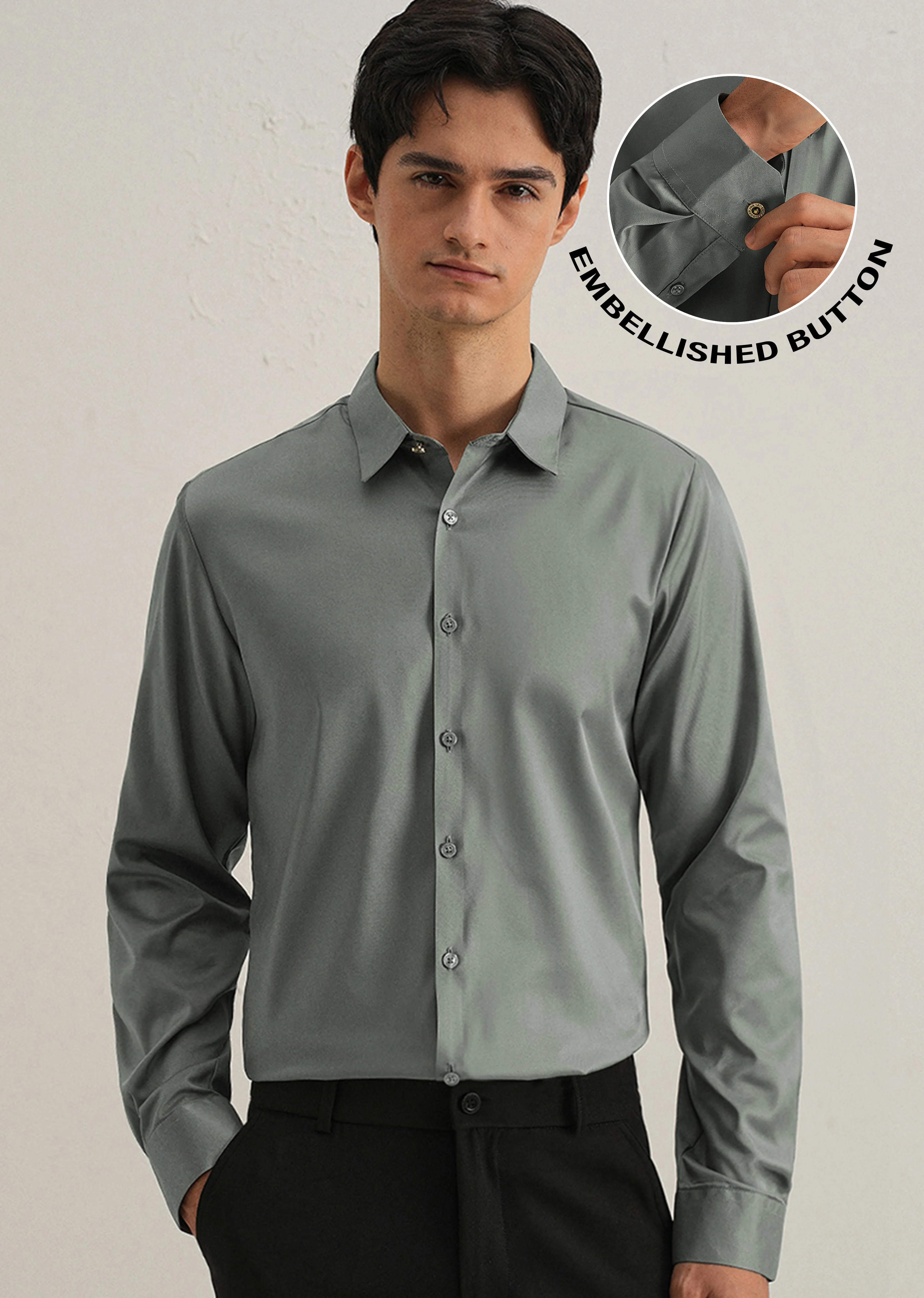 Sage Green Plain Stitchless Placket Shirt - Image 7