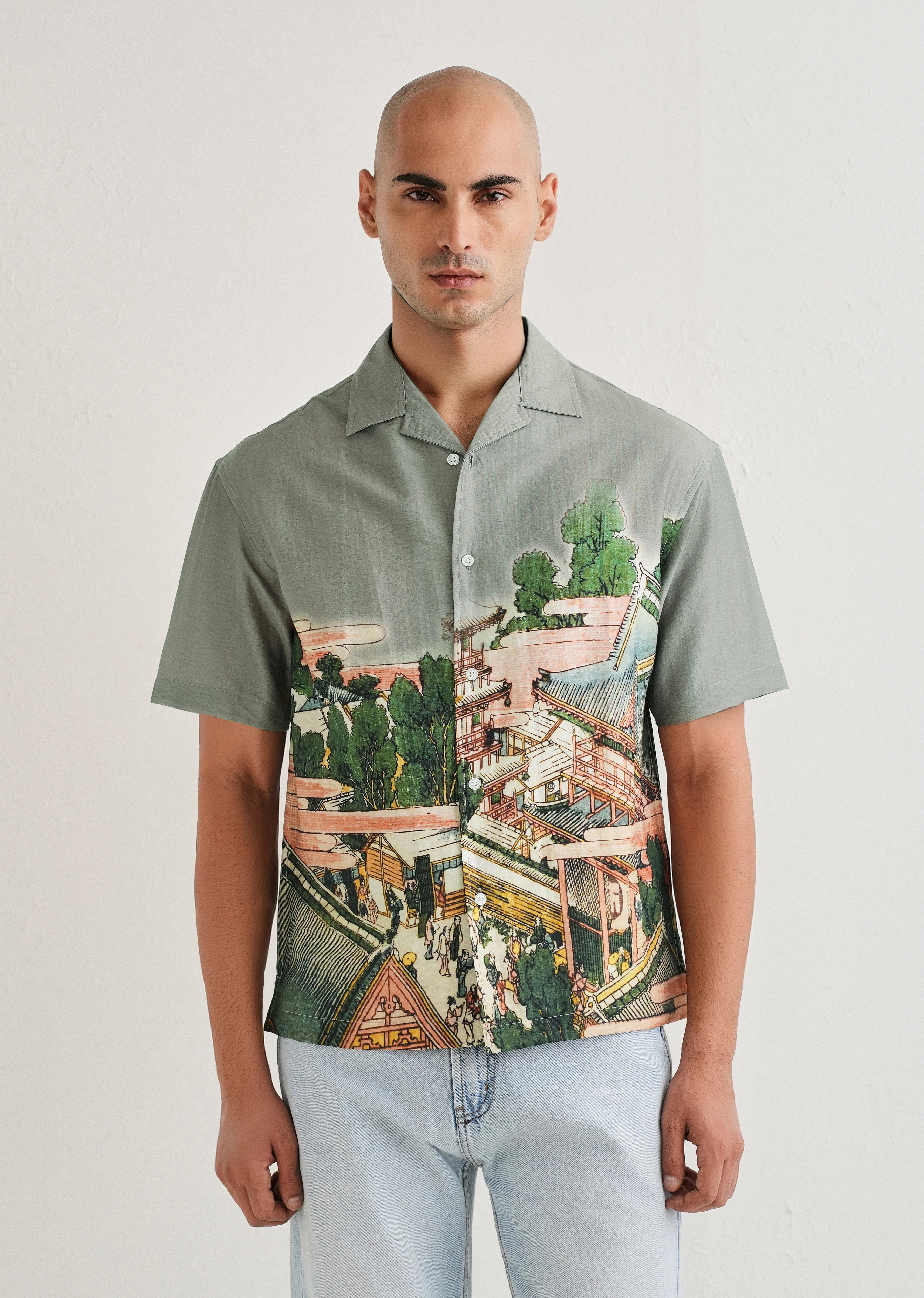 Sage Grey Scenic Placement Print Shirt - Image 3