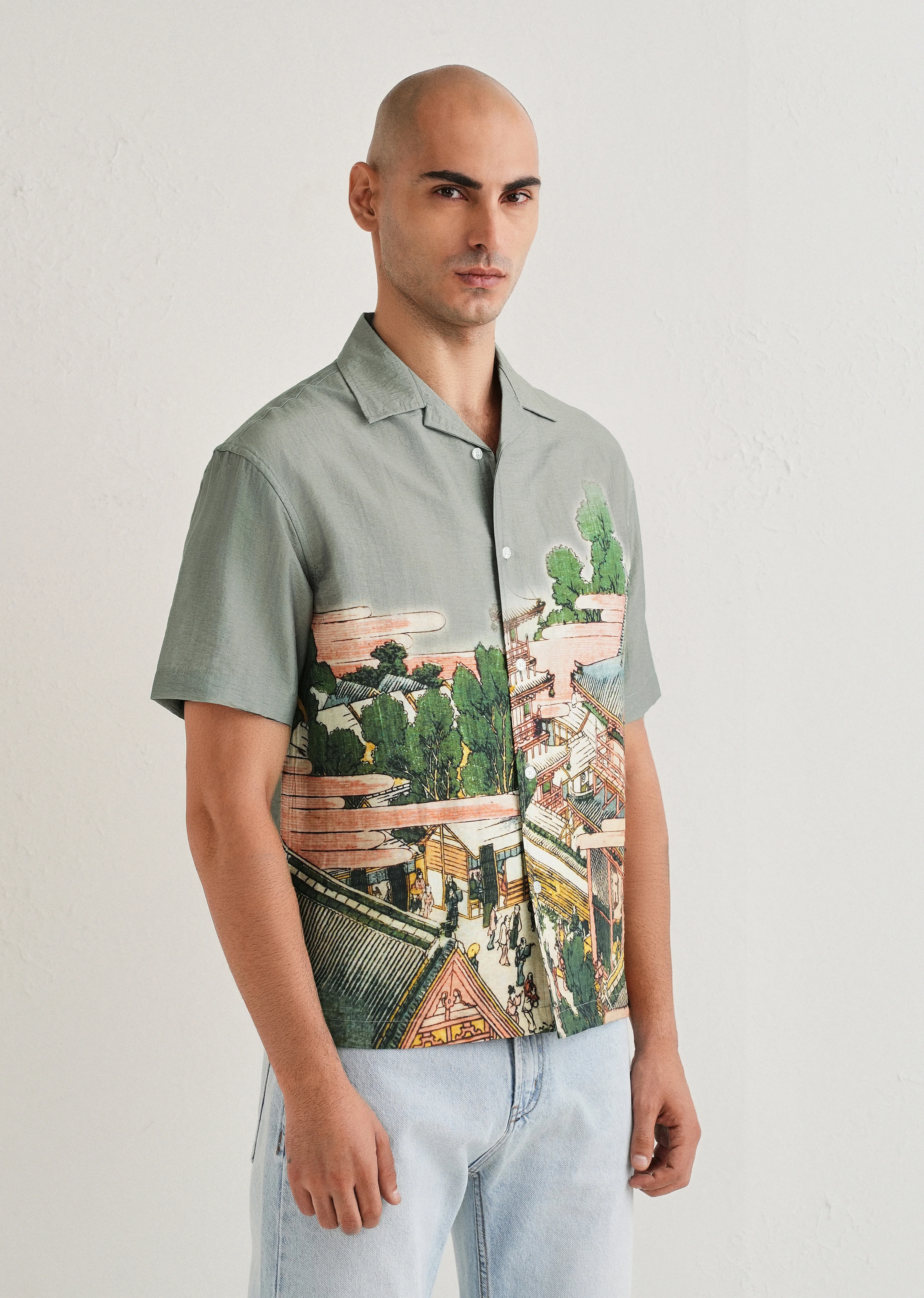 Sage Grey Scenic Placement Print Shirt - Image 4