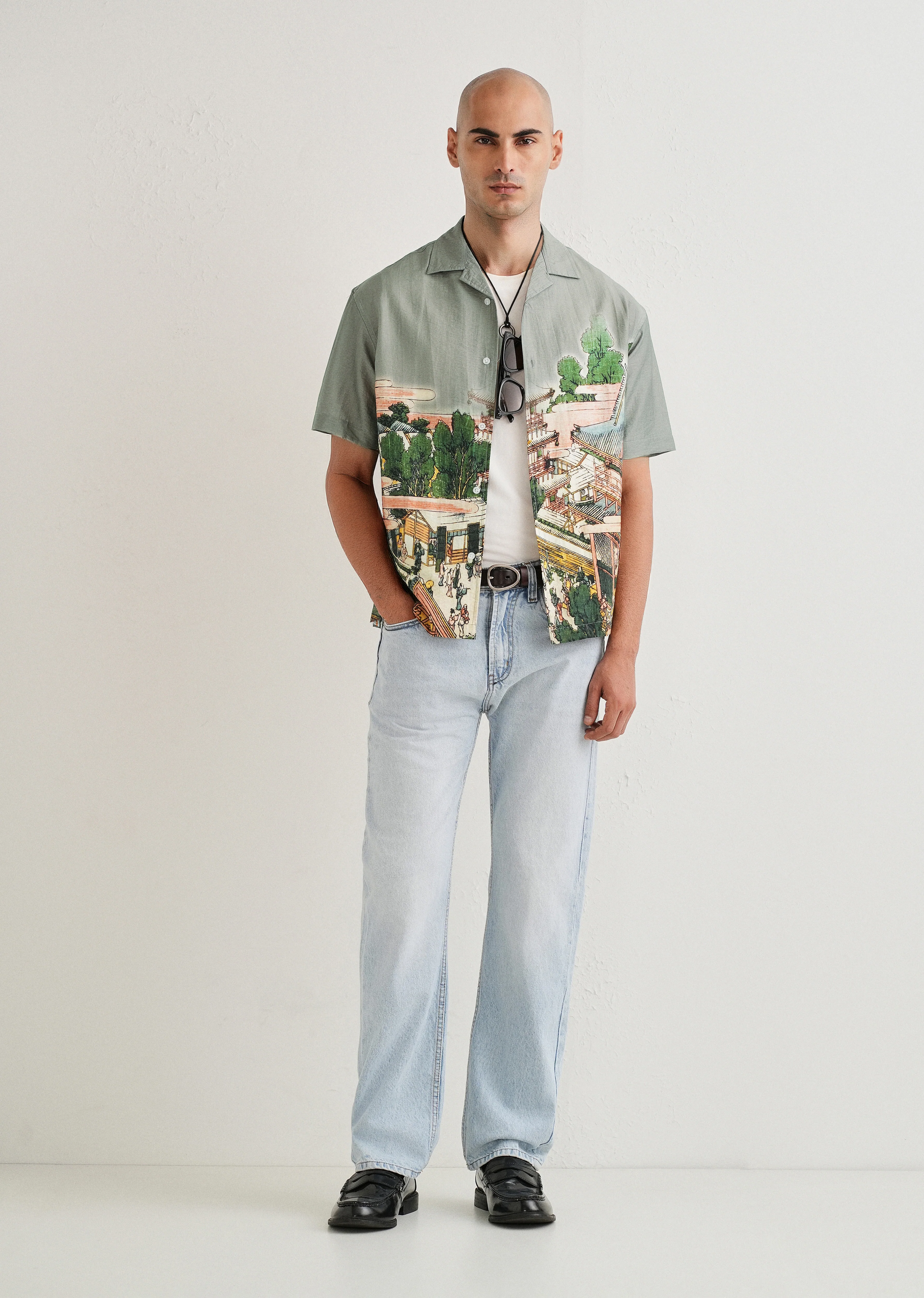 Sage Grey Scenic Placement Print Shirt - Image 6