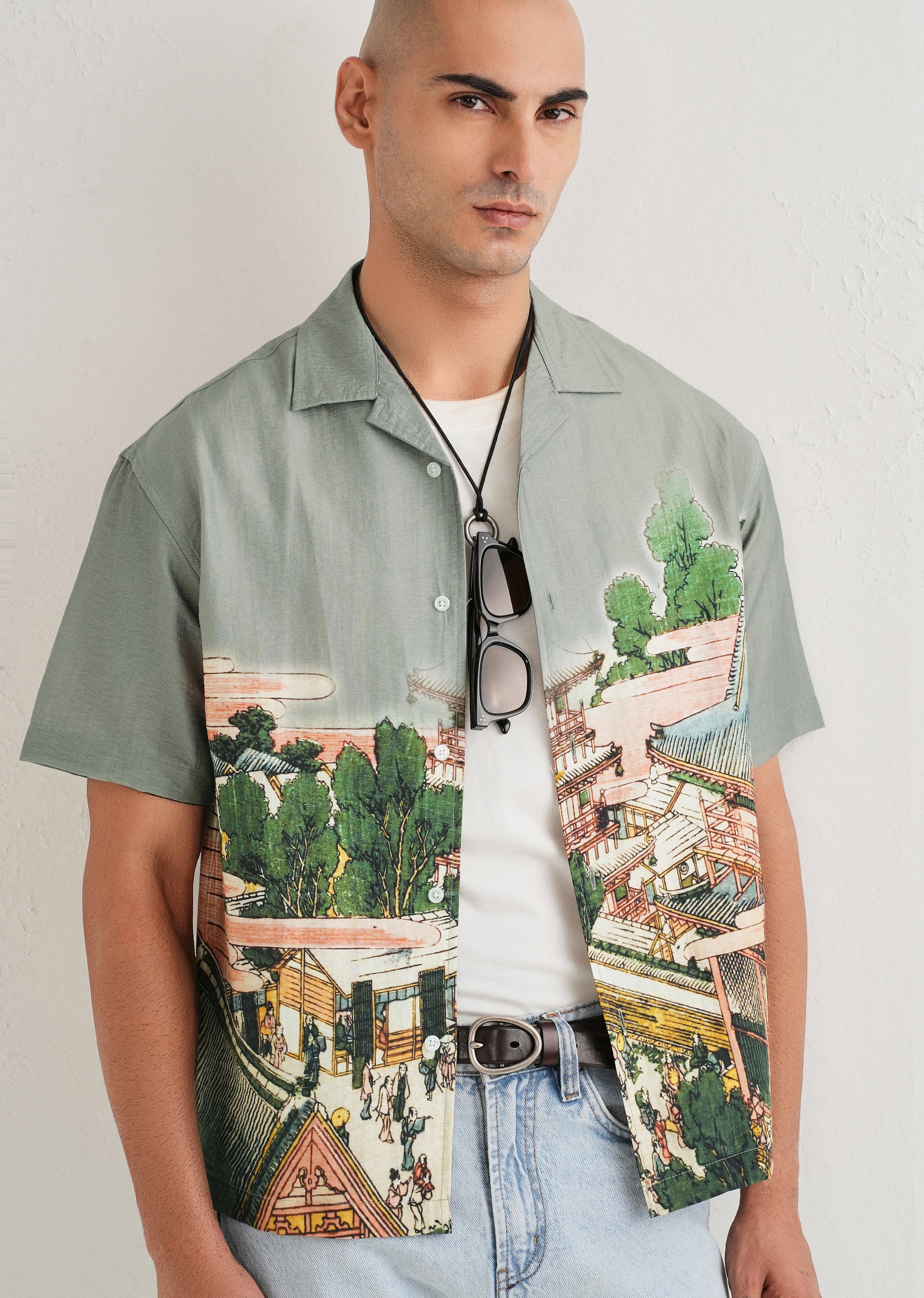 Sage Grey Scenic Placement Print Shirt - Image 7