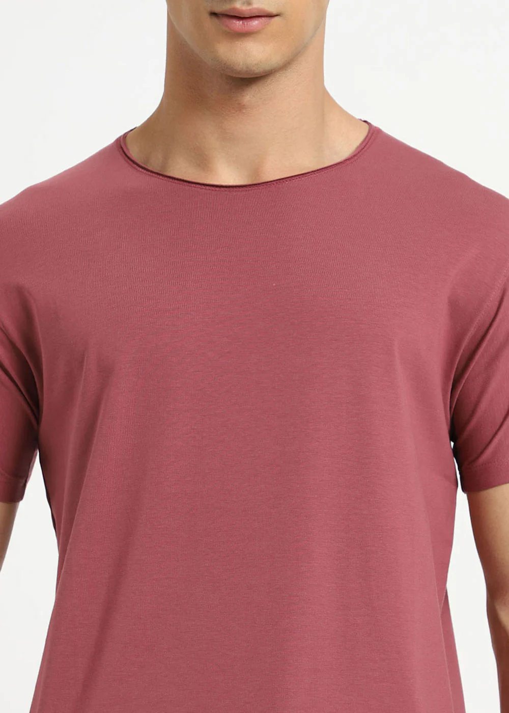 Salmon Pink Plain Round Neck T-shirt - Image 3
