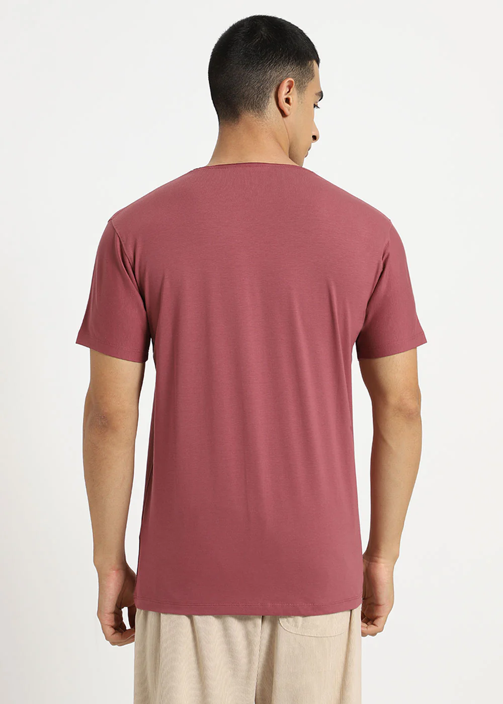 Salmon Pink Plain Round Neck T-shirt - Image 4