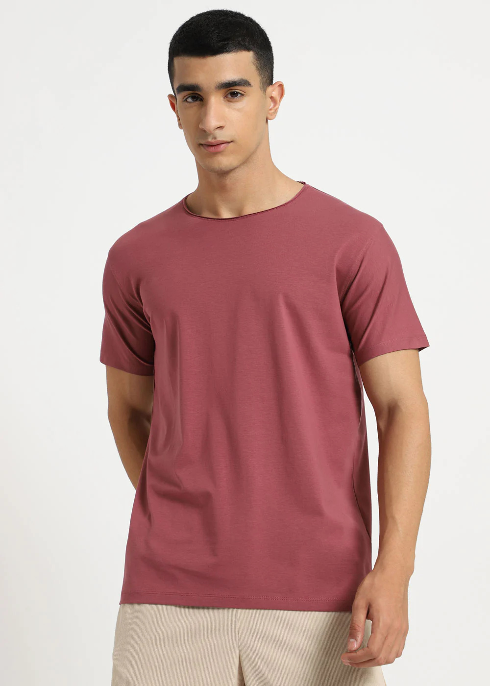Salmon Pink Plain Round Neck T-shirt - Image 6