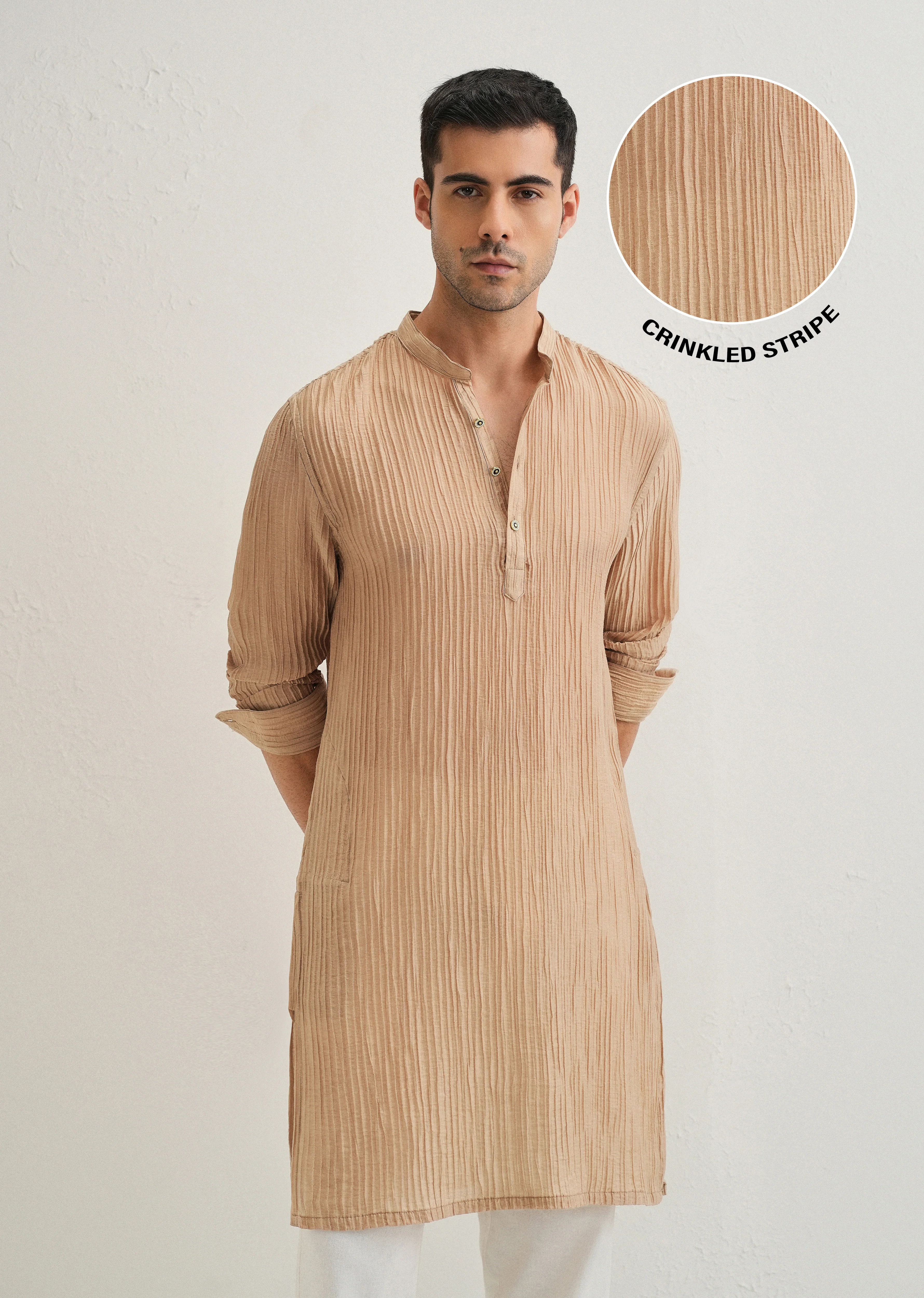 Sand Brown Crinkled Stripe Kurta - Image 2