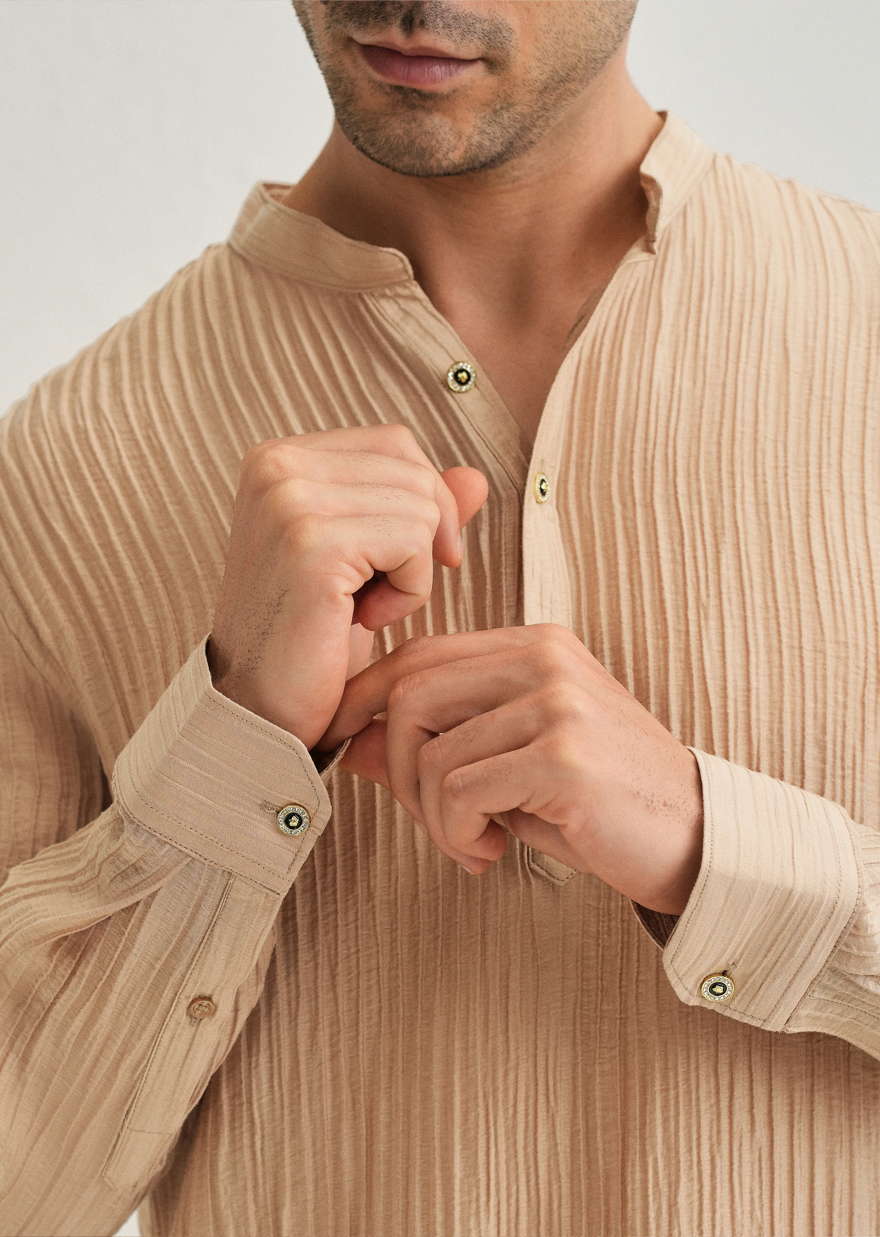 Sand Brown Crinkled Stripe Kurta - Image 3