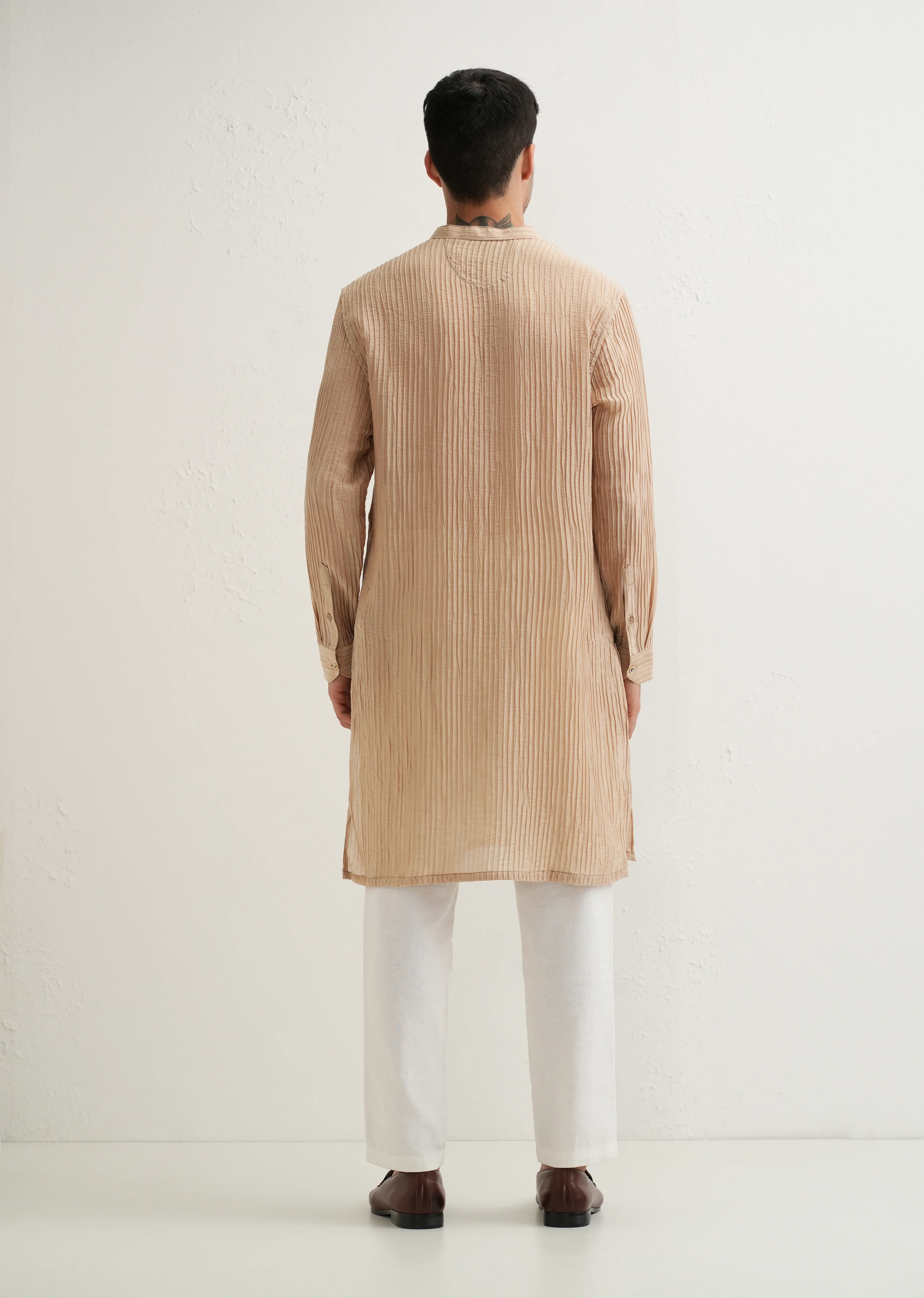 Sand Brown Crinkled Stripe Kurta - Image 4