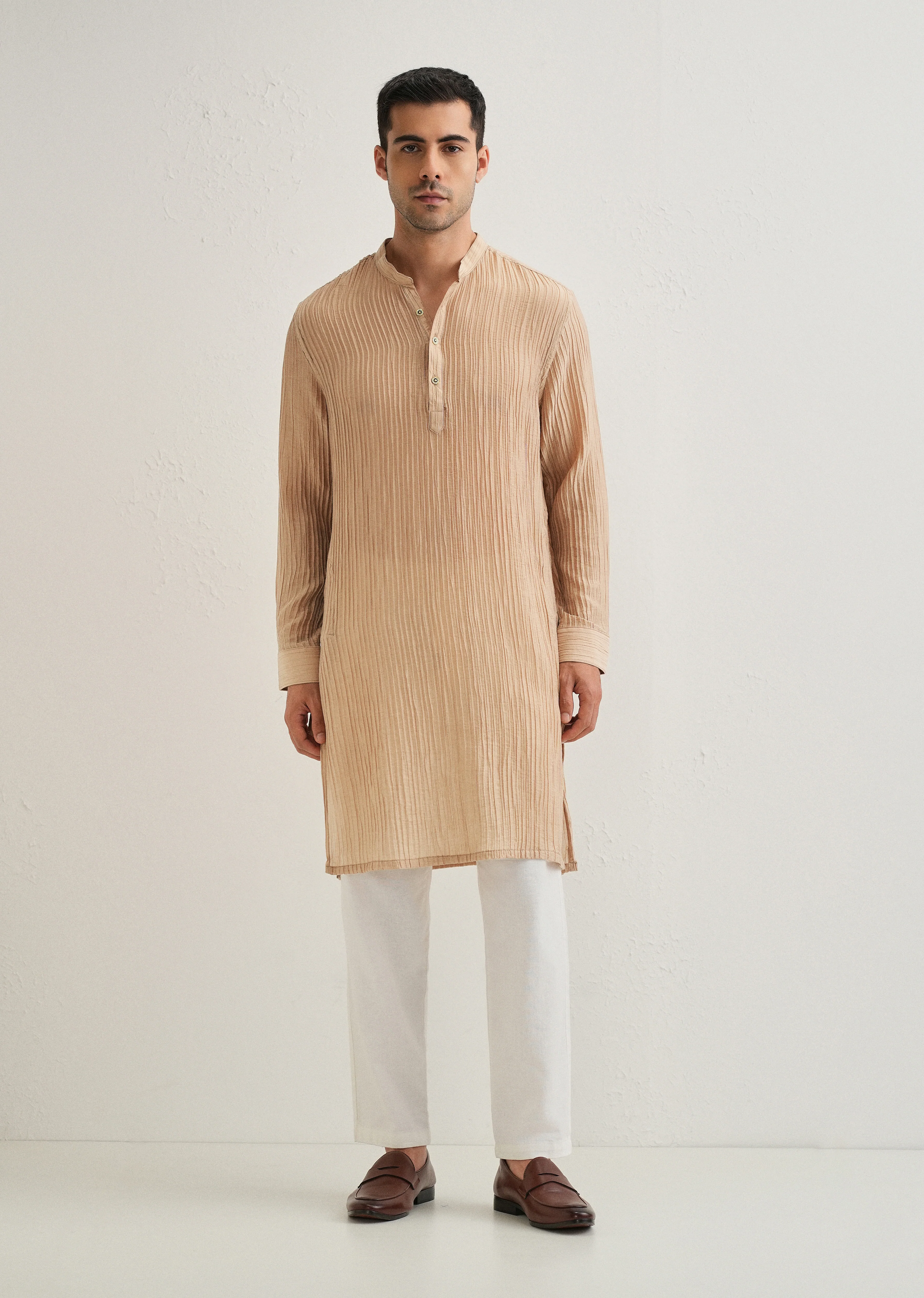 Sand Brown Crinkled Stripe Kurta - Image 7
