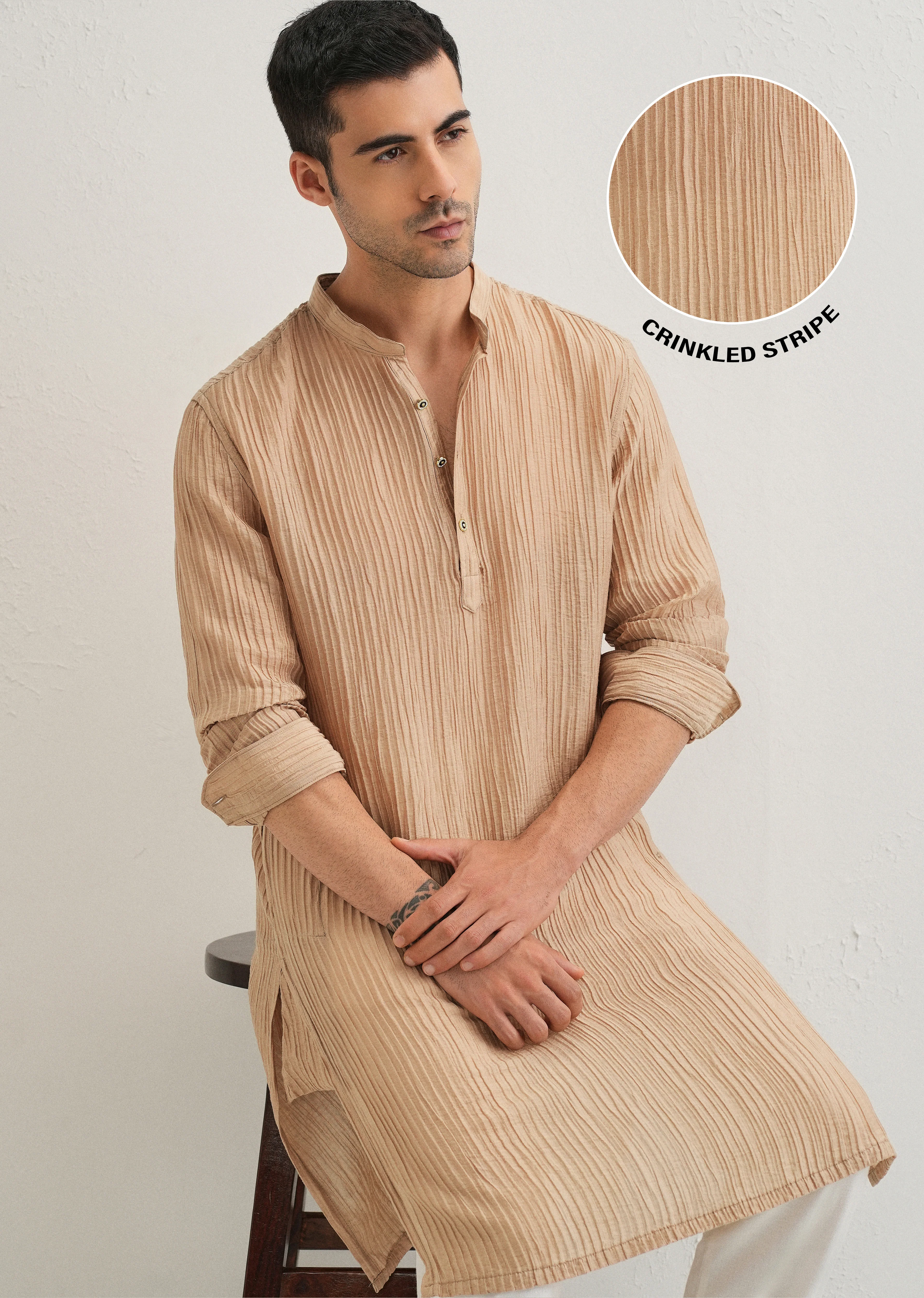 Sand Brown Crinkled Stripe Kurta - Image 8