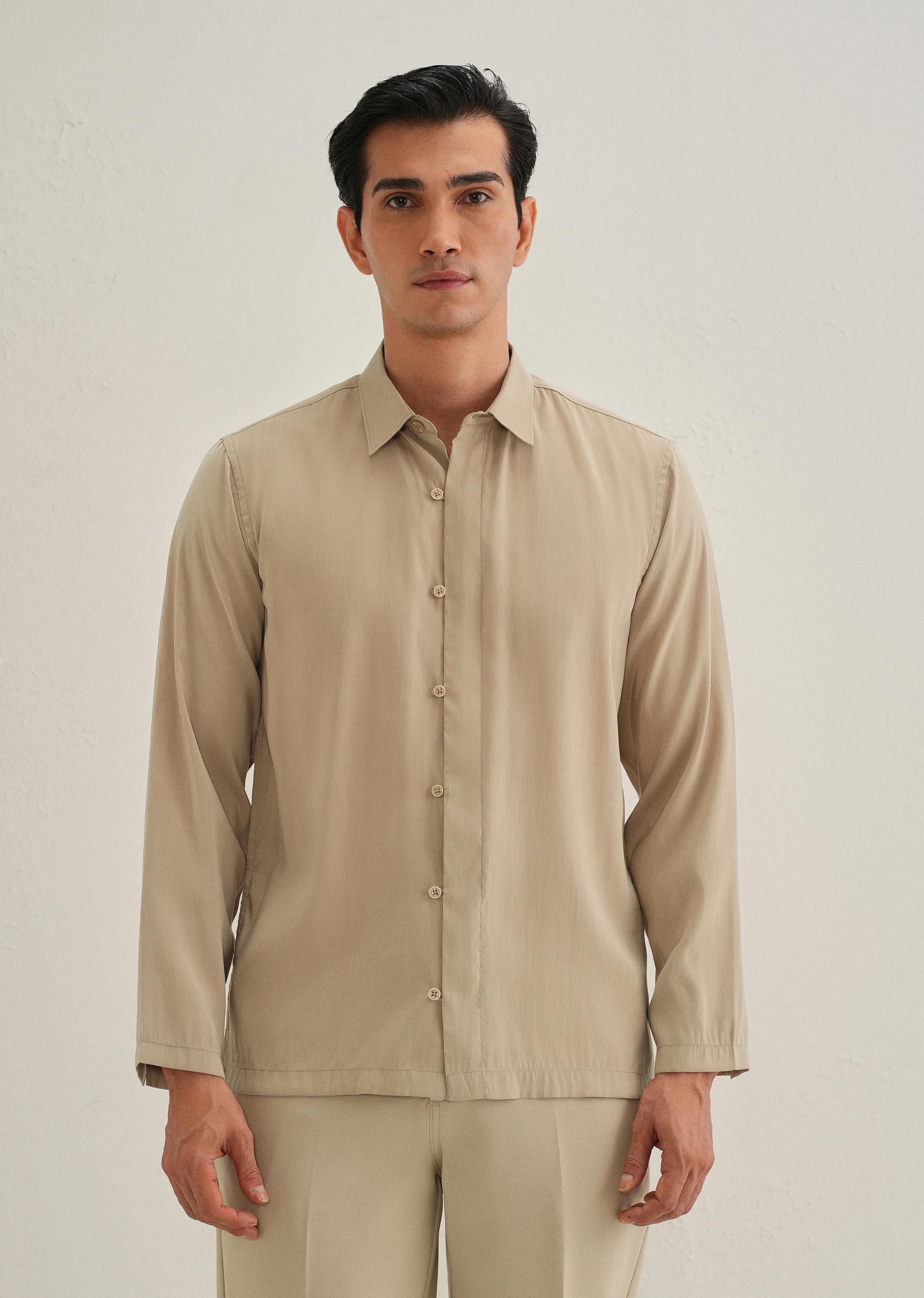 Sand Brown Loop Button-Down Plain Shirt - Image 3