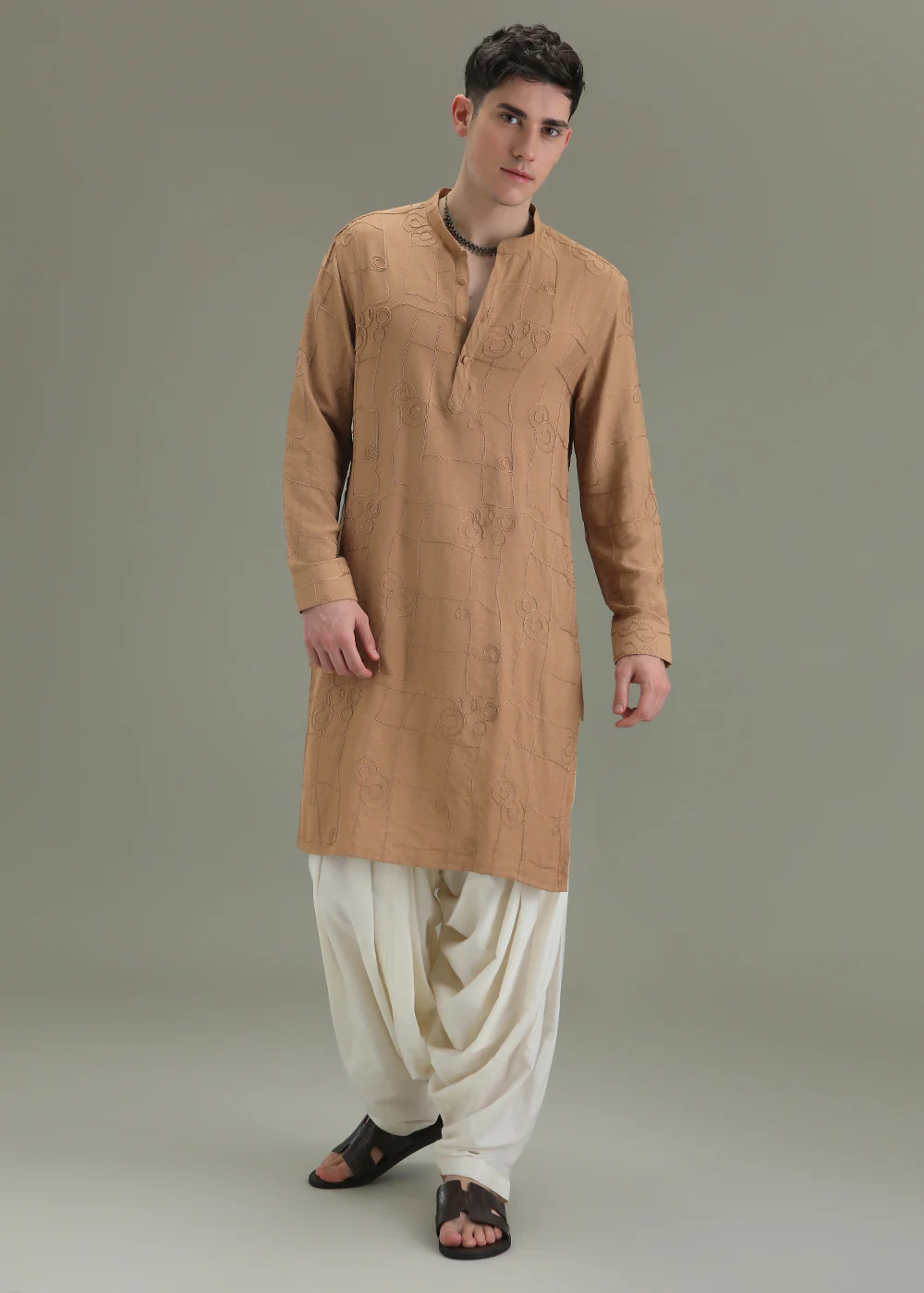 Sand Brown Self Thread Embroidered Kurta - Image 3