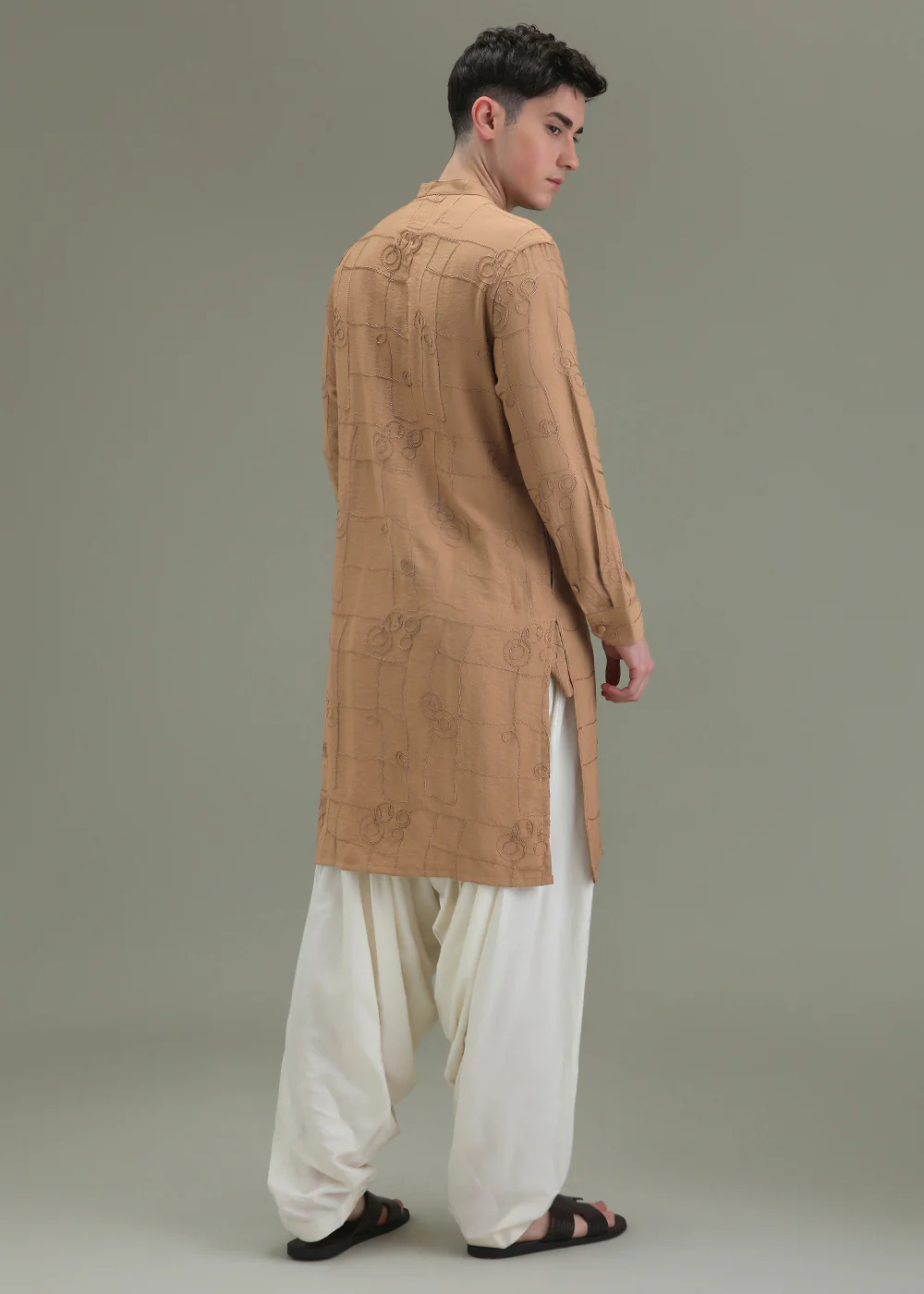 Sand Brown Self Thread Embroidered Kurta - Image 4