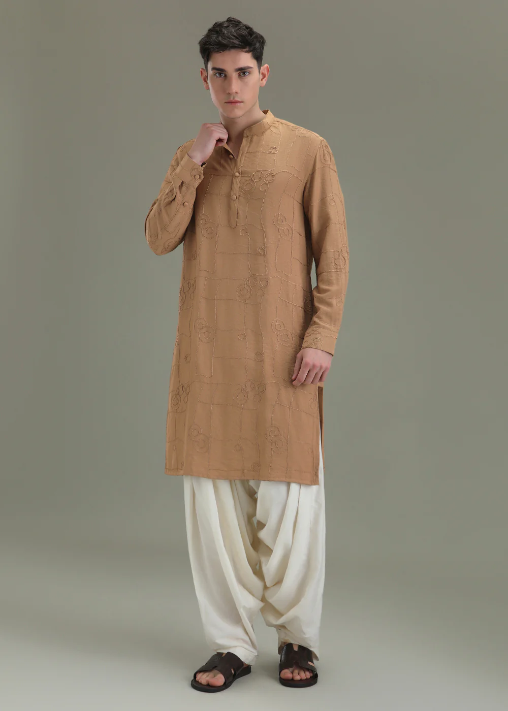 Sand Brown Self Thread Embroidered Kurta - Image 6