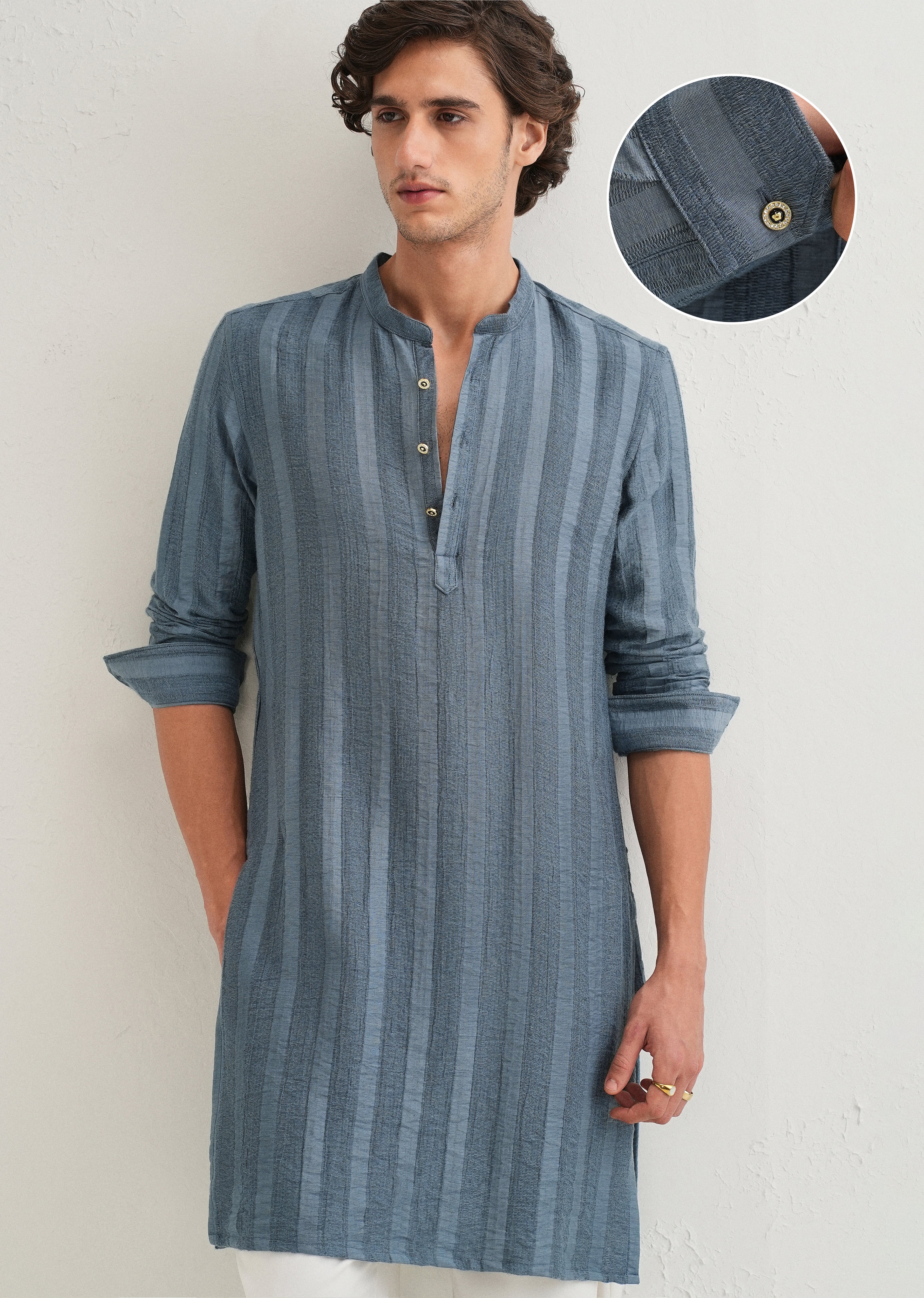 Sapphire Blue Textured Vertical Stripe Kurta - Image 10