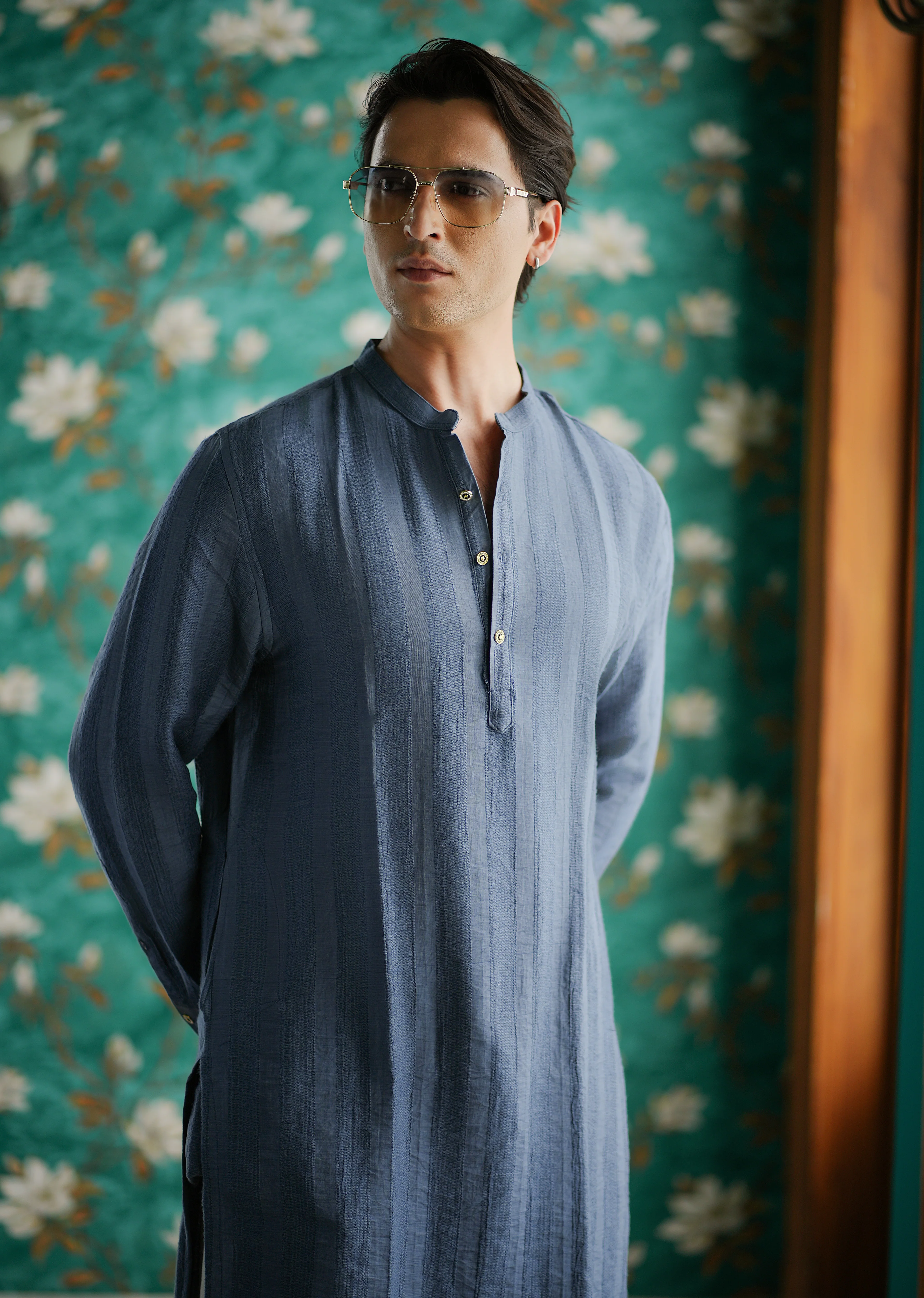 Sapphire Blue Textured Vertical Stripe Kurta - Image 2