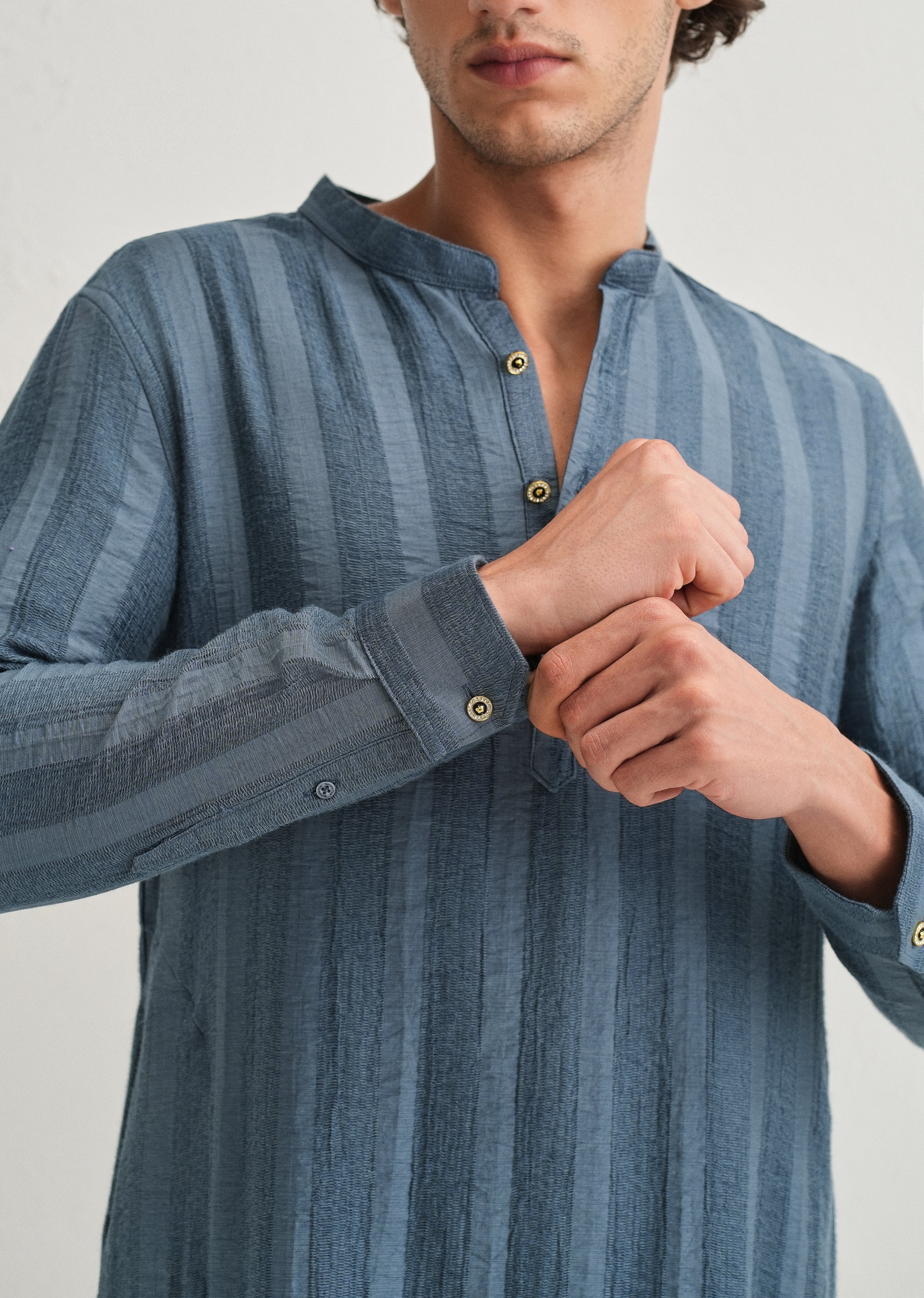 Sapphire Blue Textured Vertical Stripe Kurta - Image 4