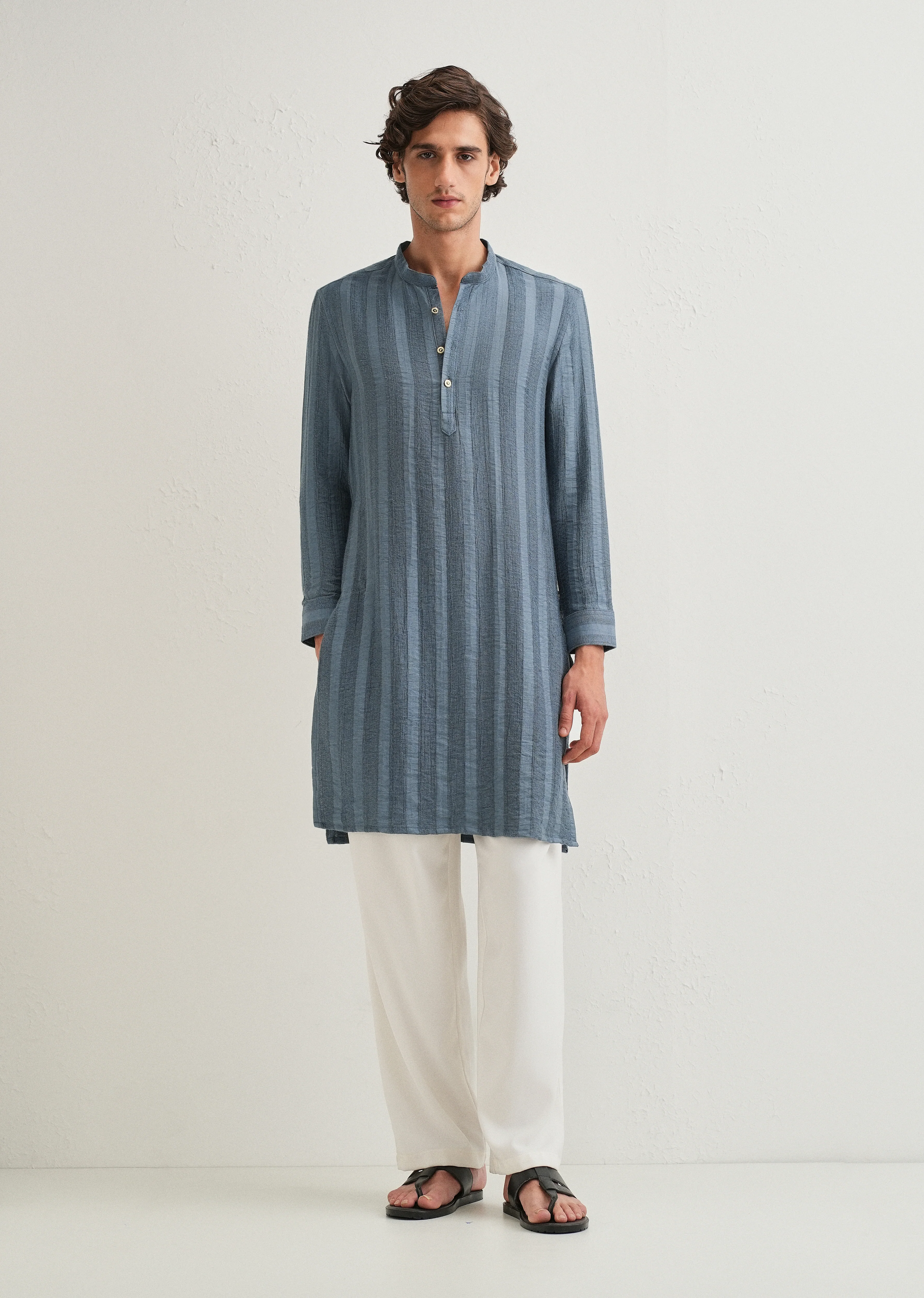 Sapphire Blue Textured Vertical Stripe Kurta - Image 6