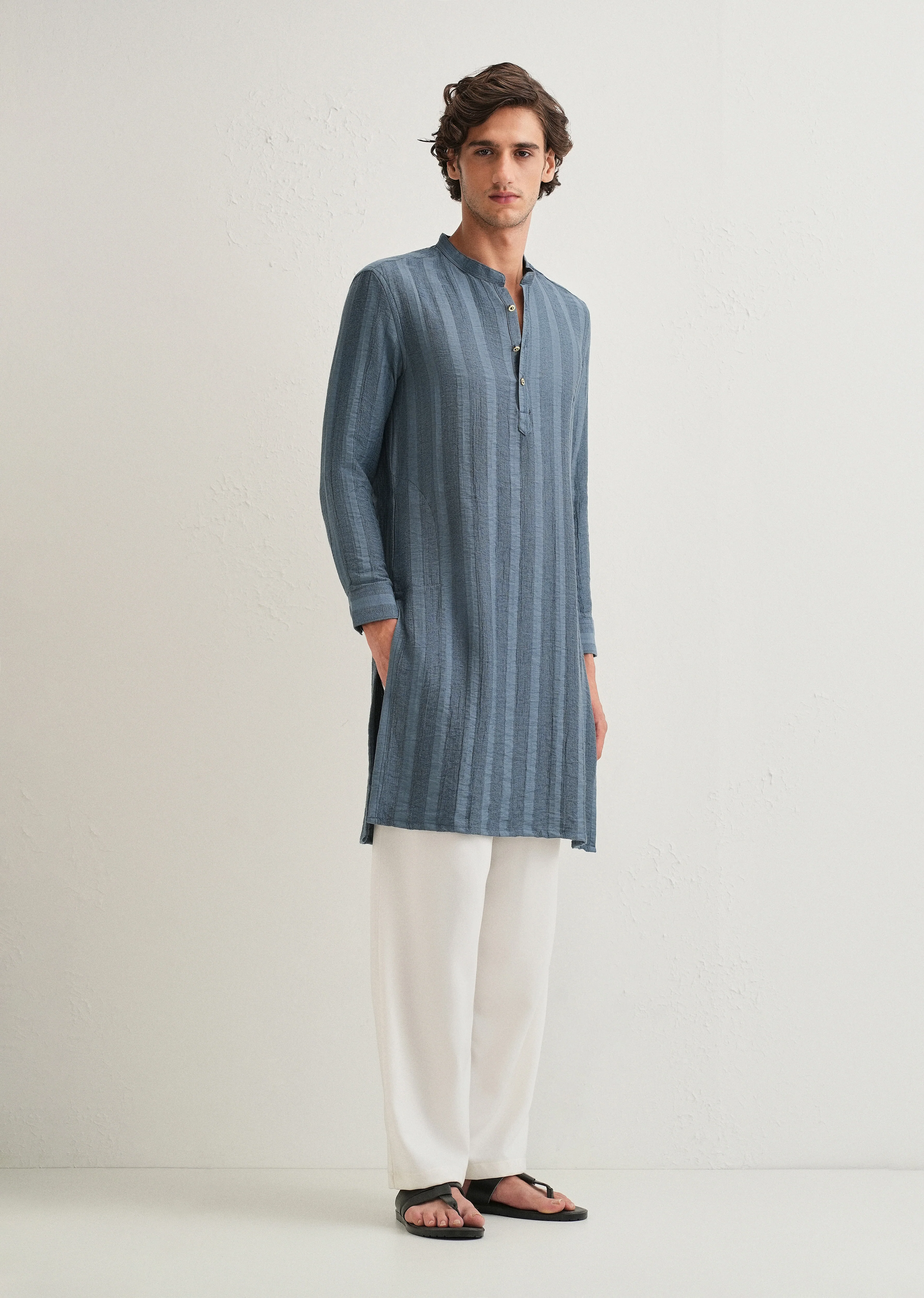 Sapphire Blue Textured Vertical Stripe Kurta - Image 7