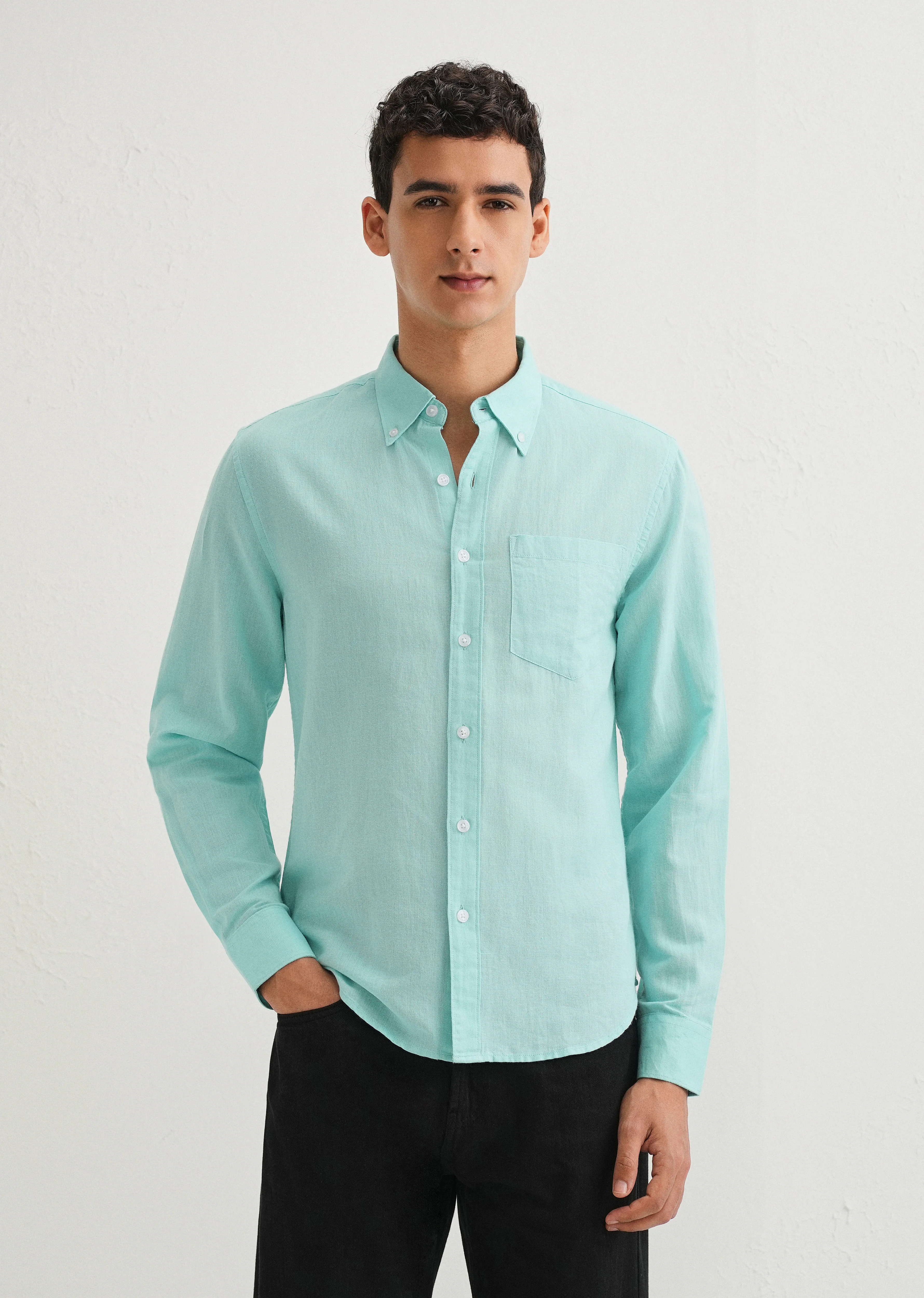 Sea Blue Cotton Linen Shirt - Image 3