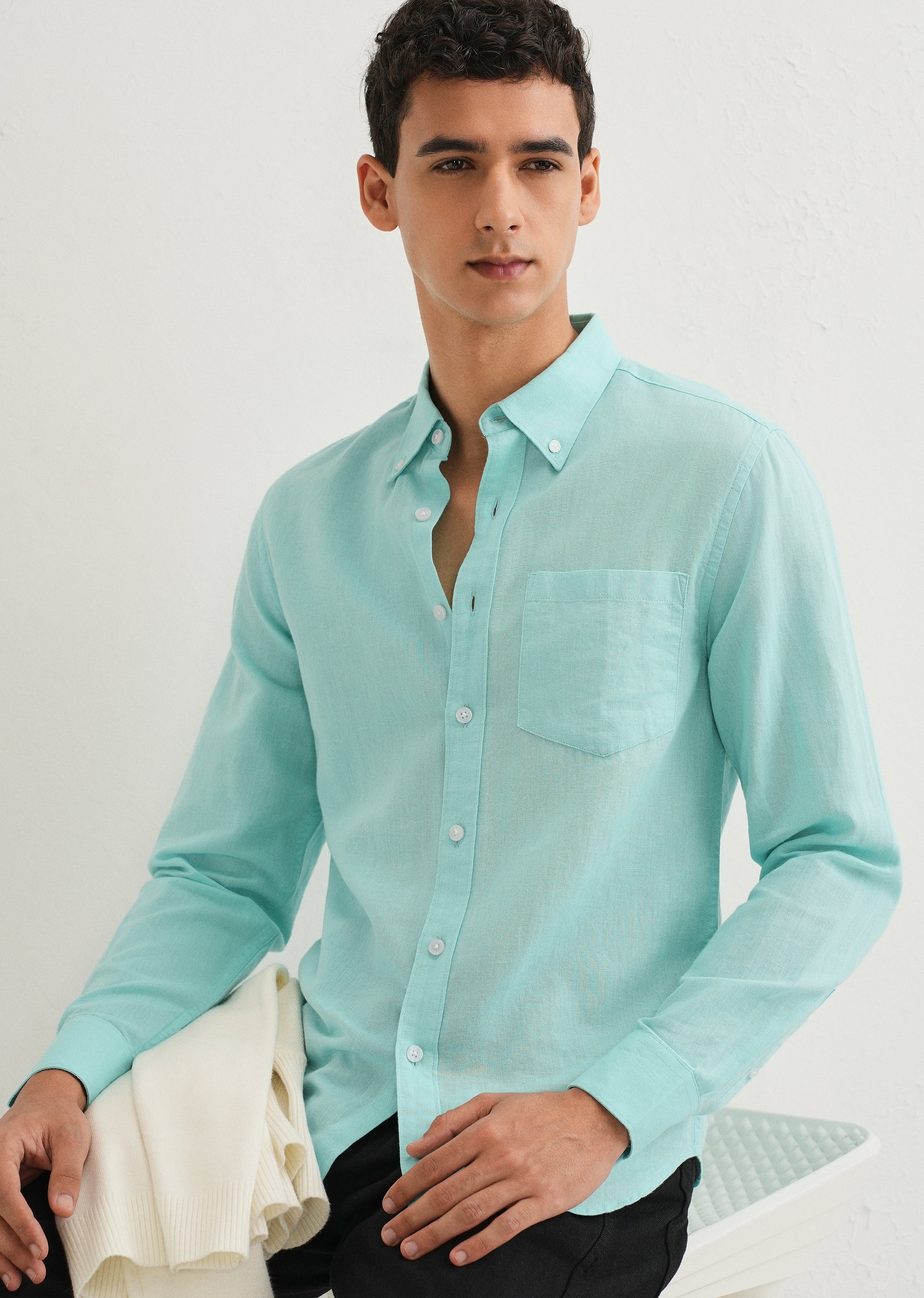 Sea Blue Cotton Linen Shirt - Image 7