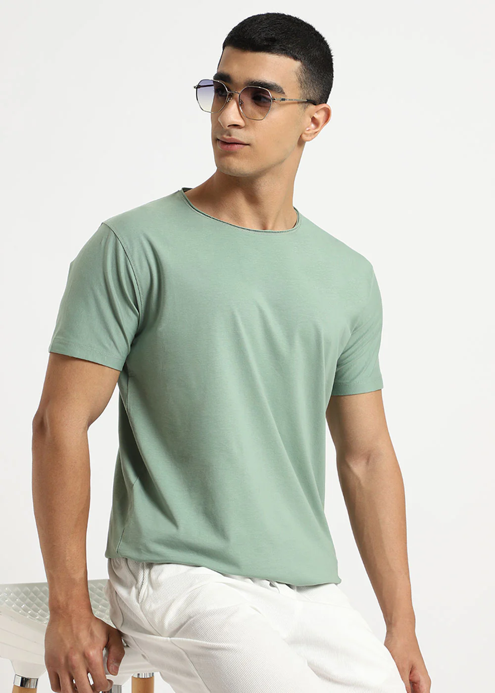 Sea Green Plain Round Neck T-shirt - Image 6