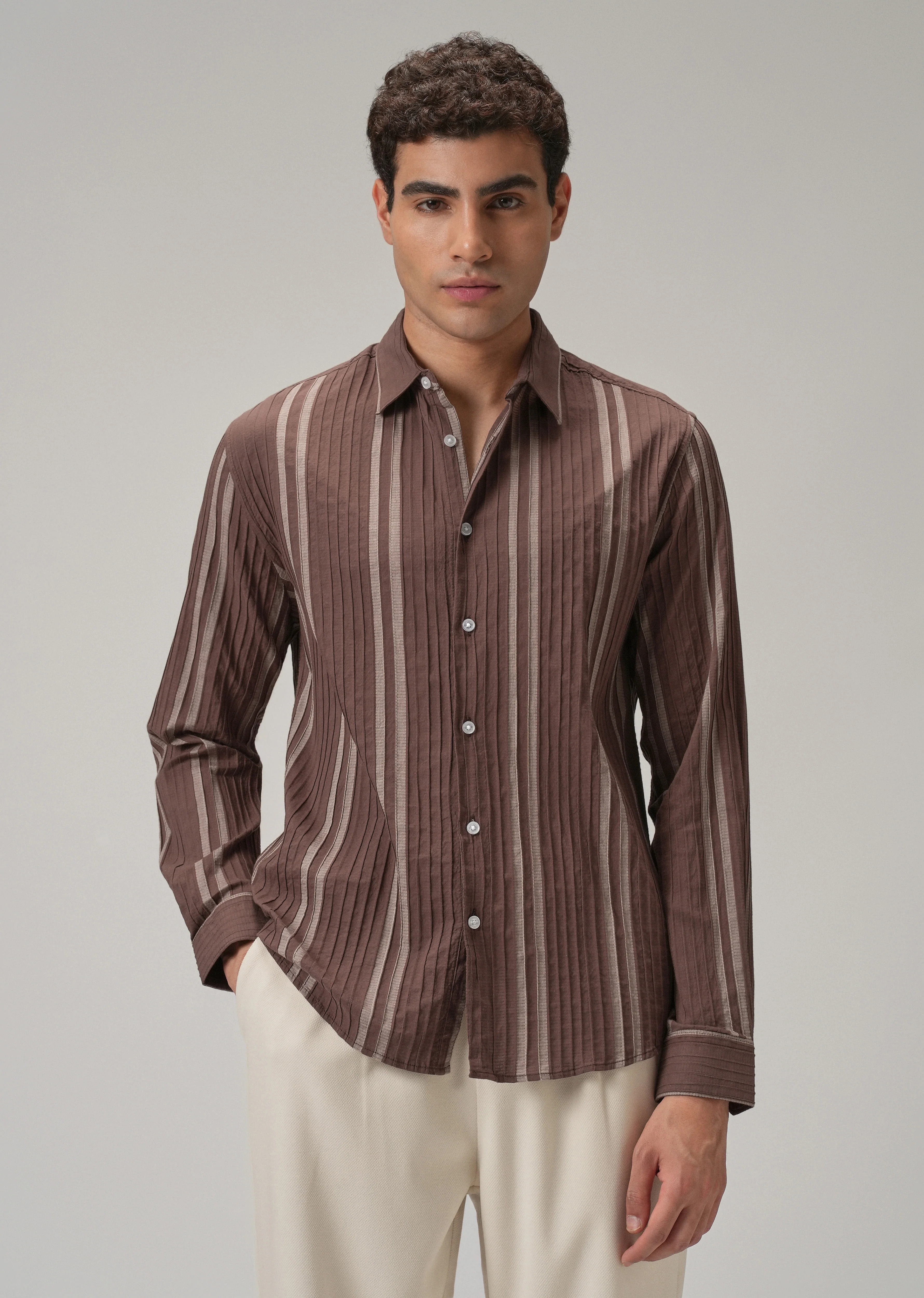 Self Pleat Brown Stripe Shirt - Image 3
