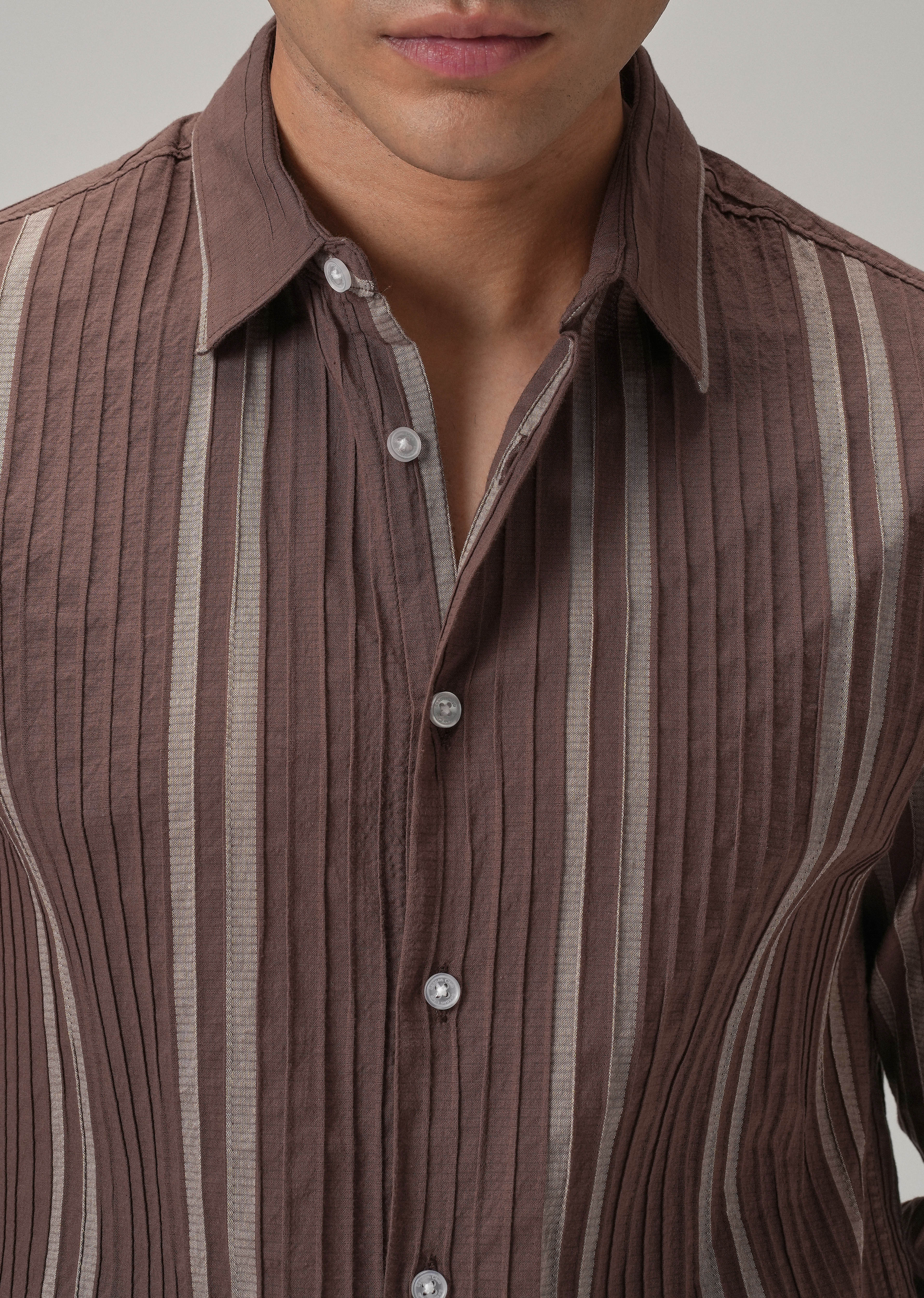 Self Pleat Brown Stripe Shirt - Image 5
