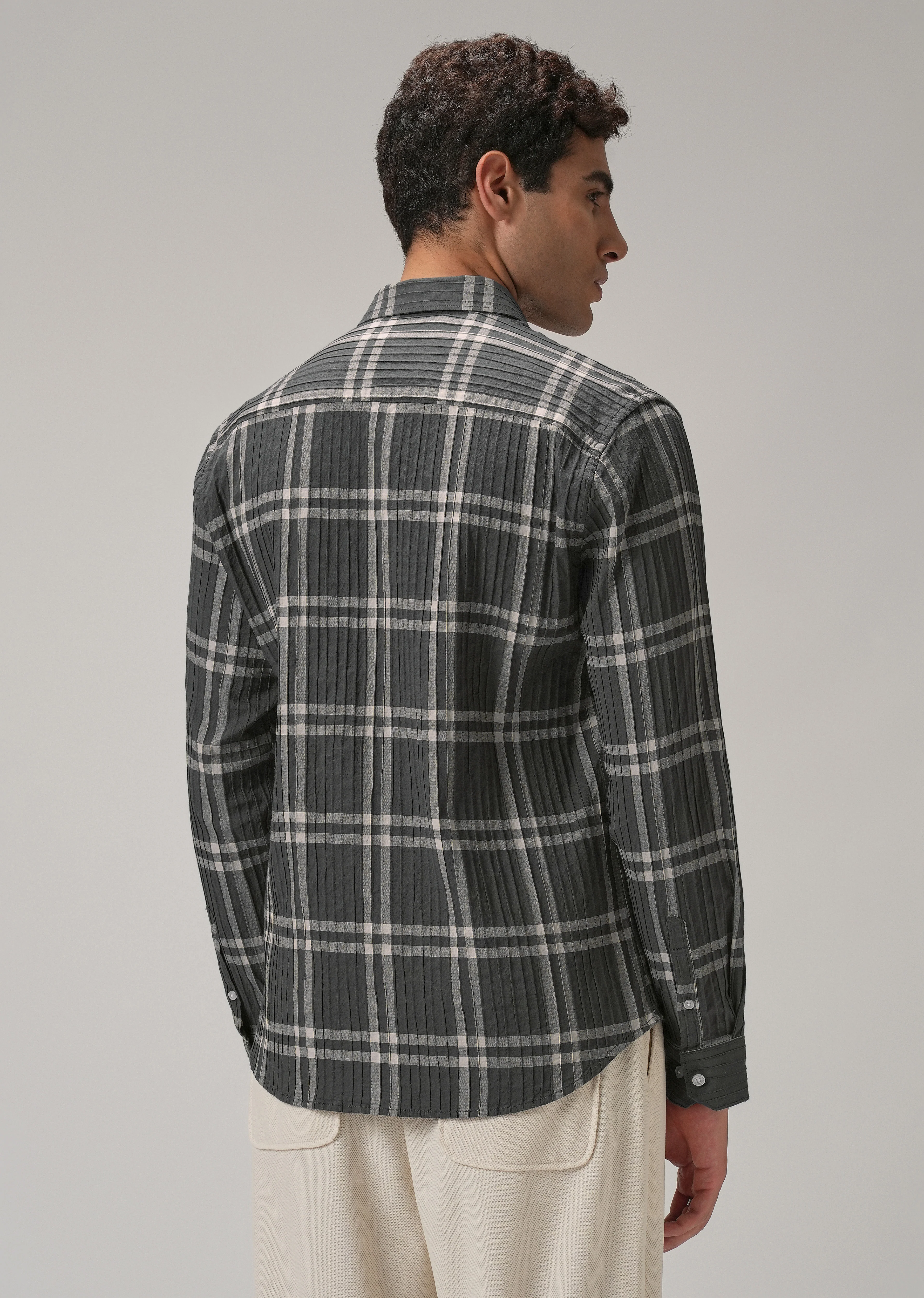 Self Pleat Grey Beige Check Shirt - Image 2