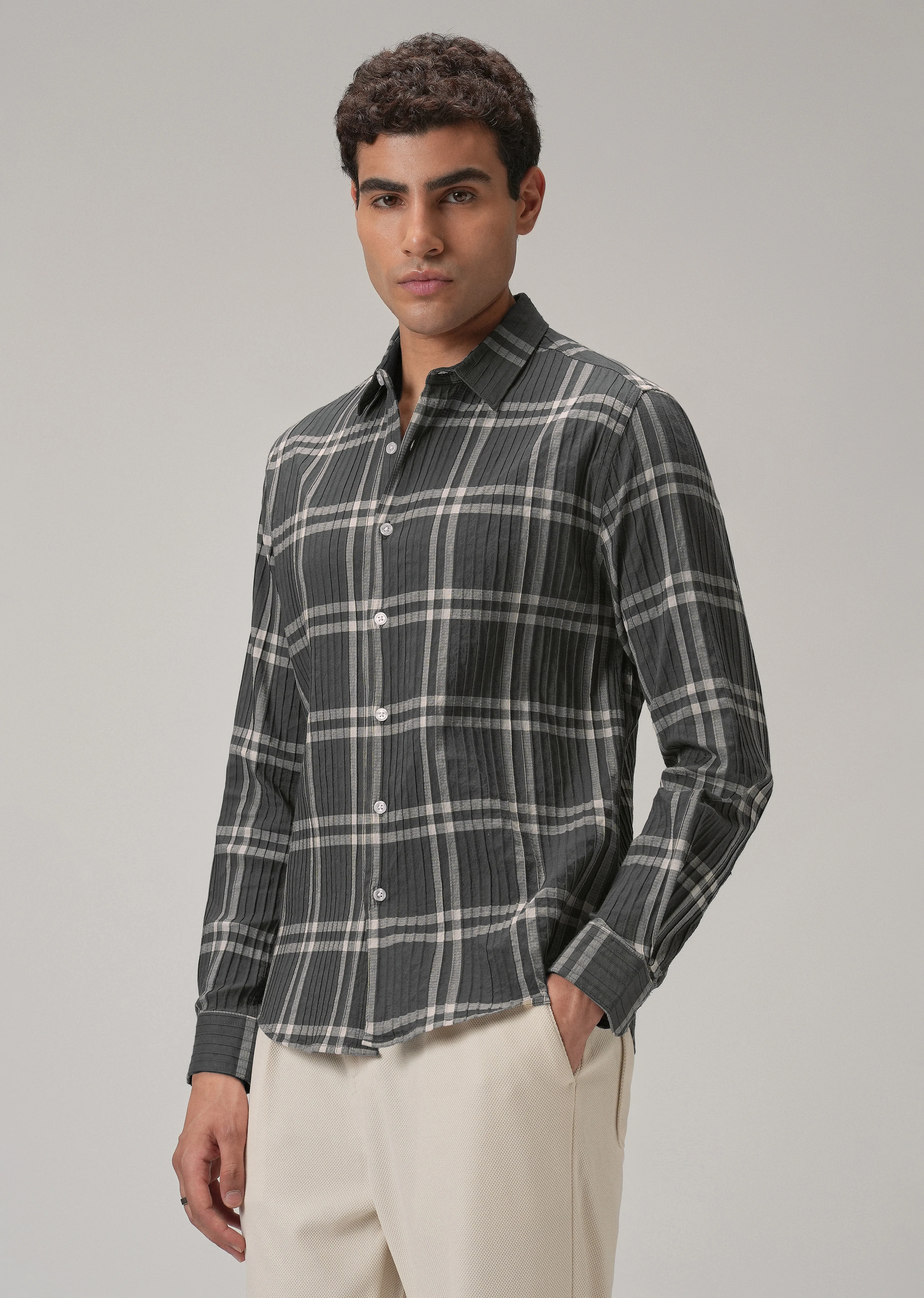 Self Pleat Grey Beige Check Shirt - Image 4