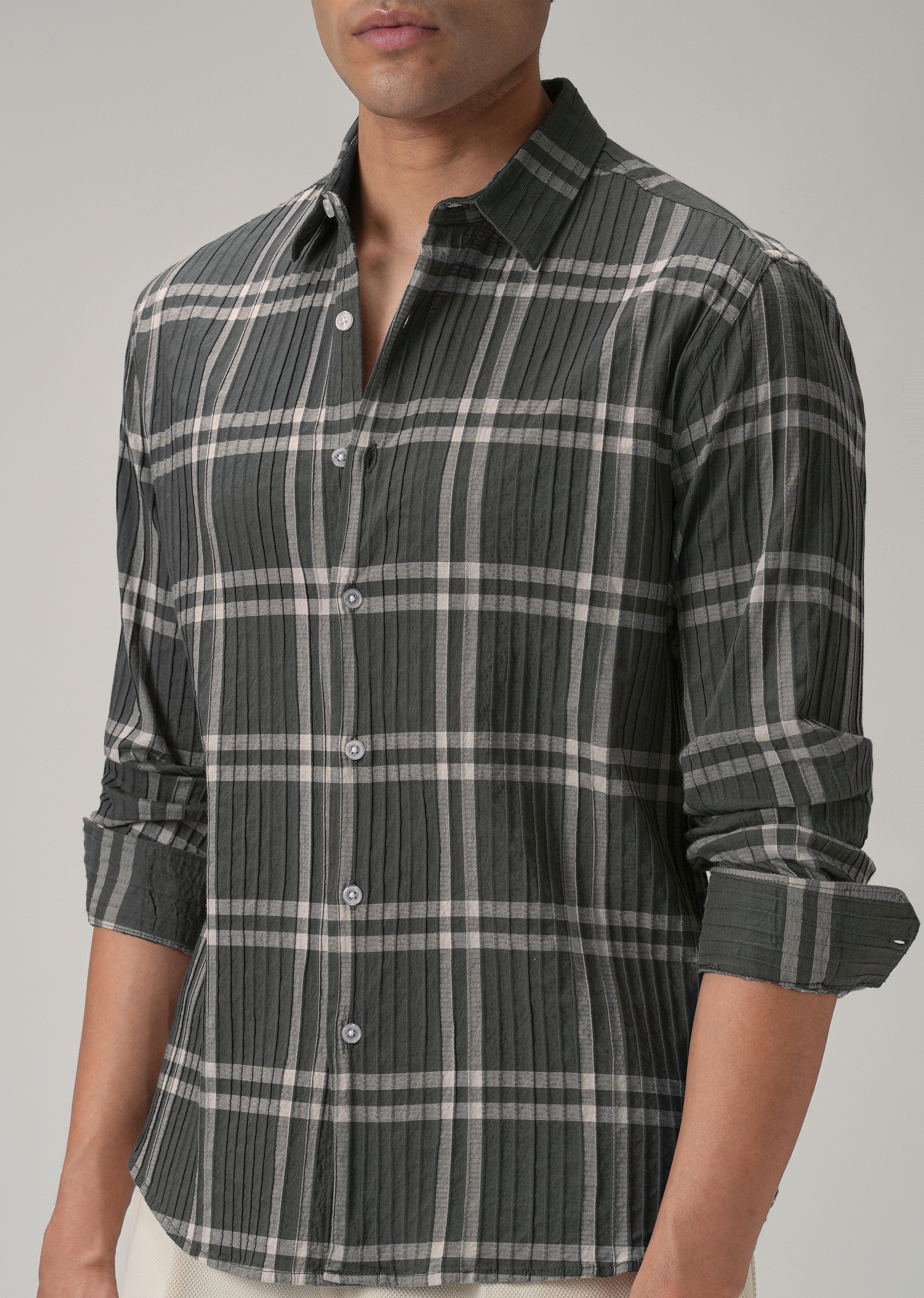 Self Pleat Grey Beige Check Shirt - Image 7