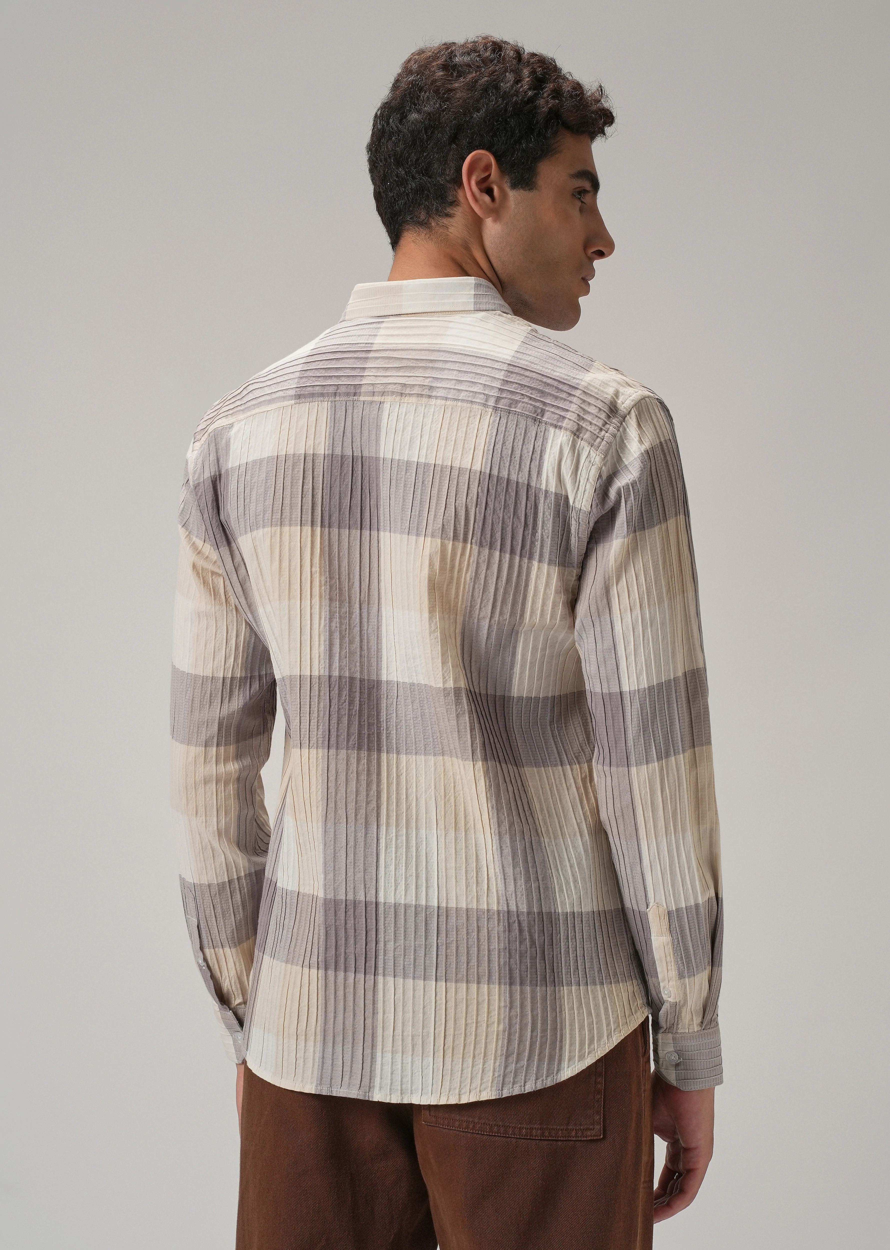 Self Pleat Lavender Beige Check Shirt - Image 2