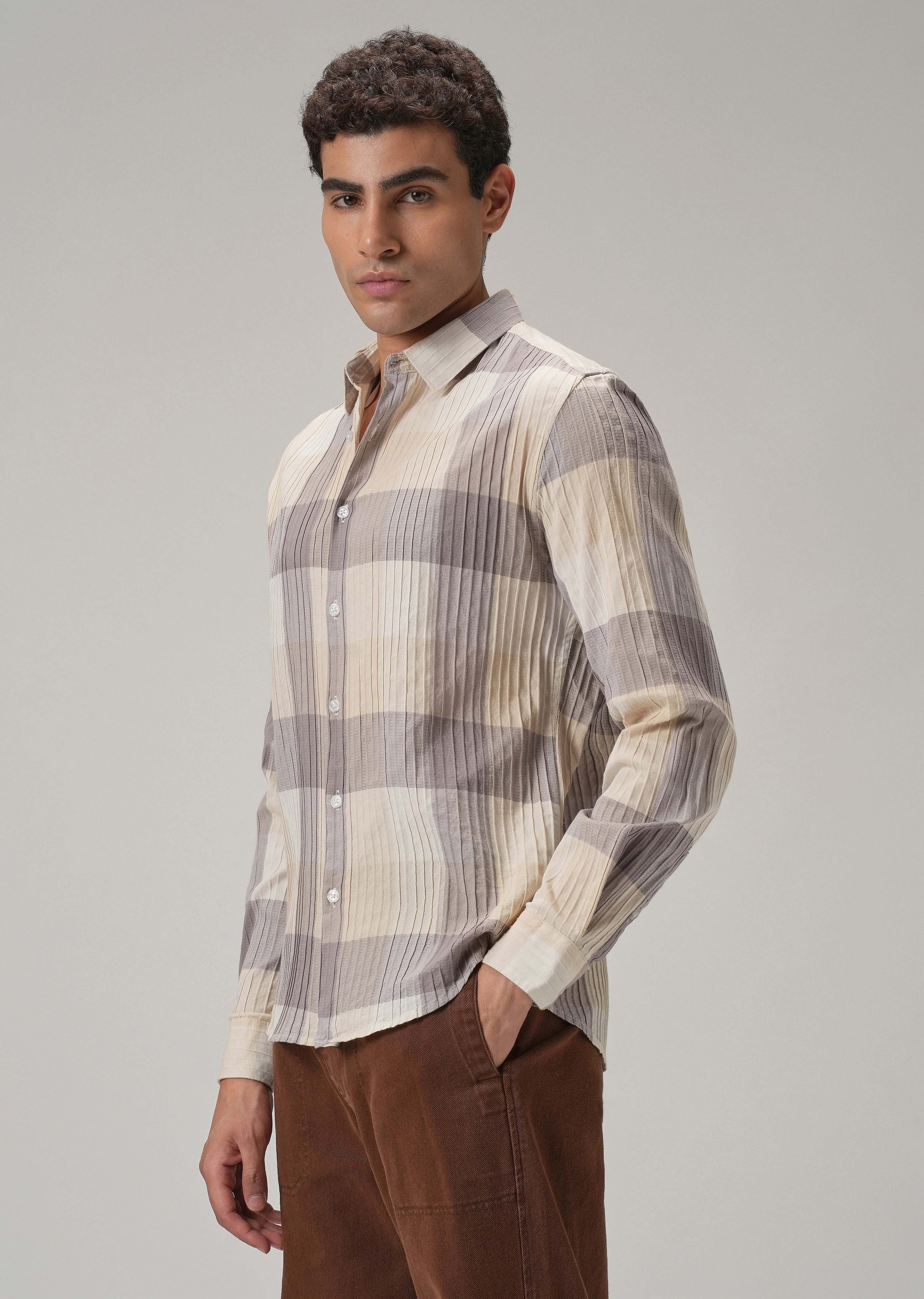 Self Pleat Lavender Beige Check Shirt - Image 3