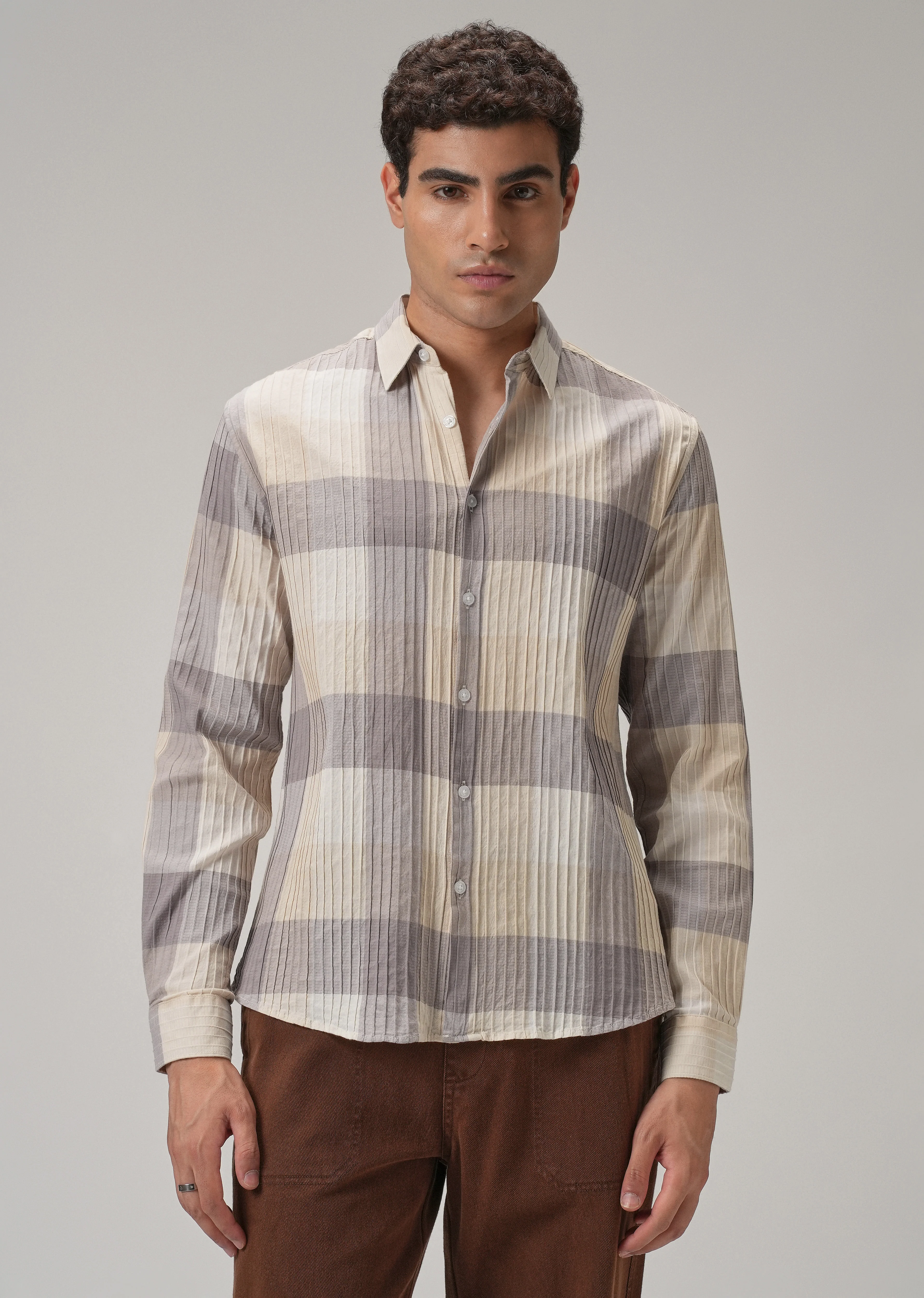 Self Pleat Lavender Beige Check Shirt - Image 4
