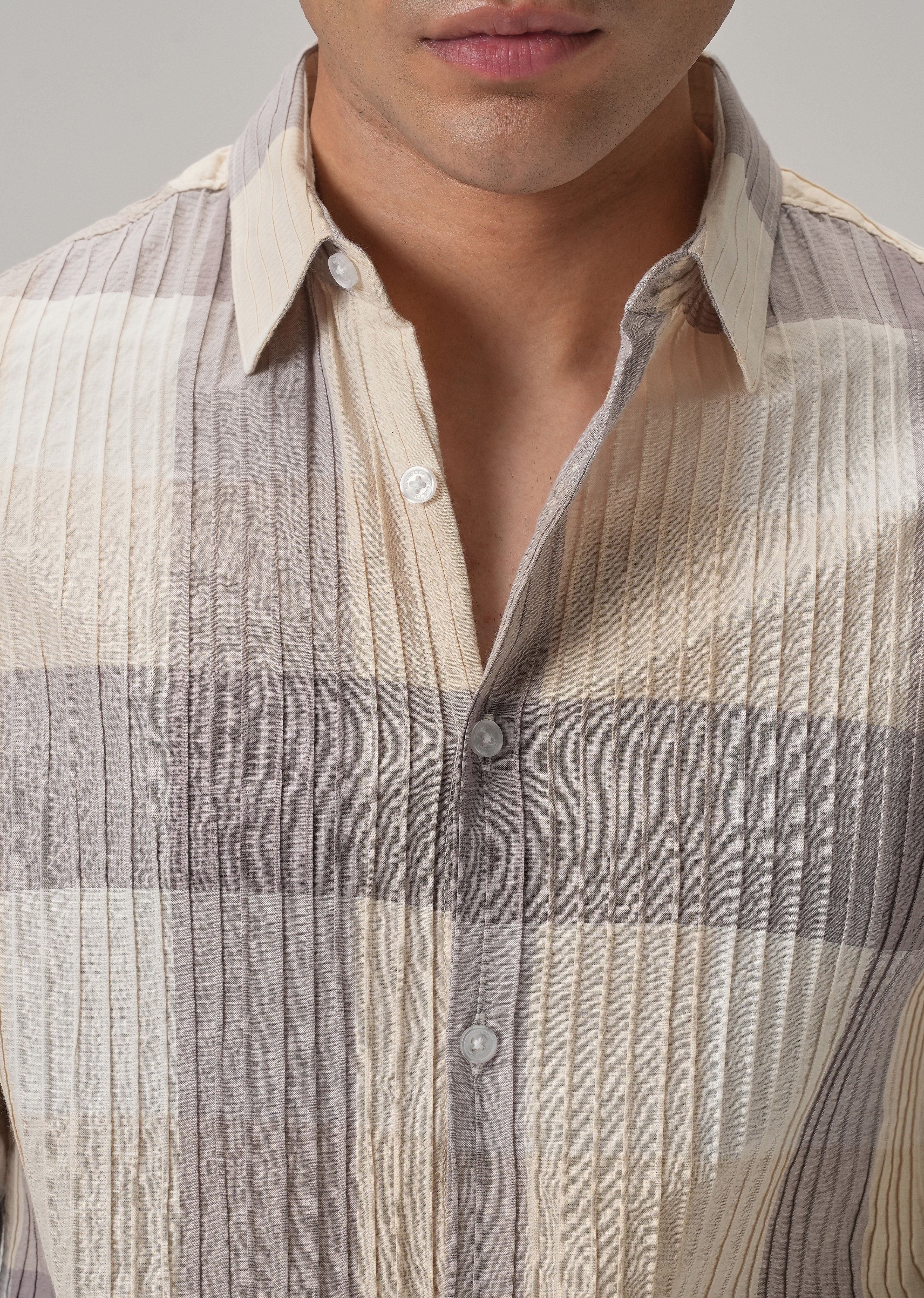 Self Pleat Lavender Beige Check Shirt - Image 5