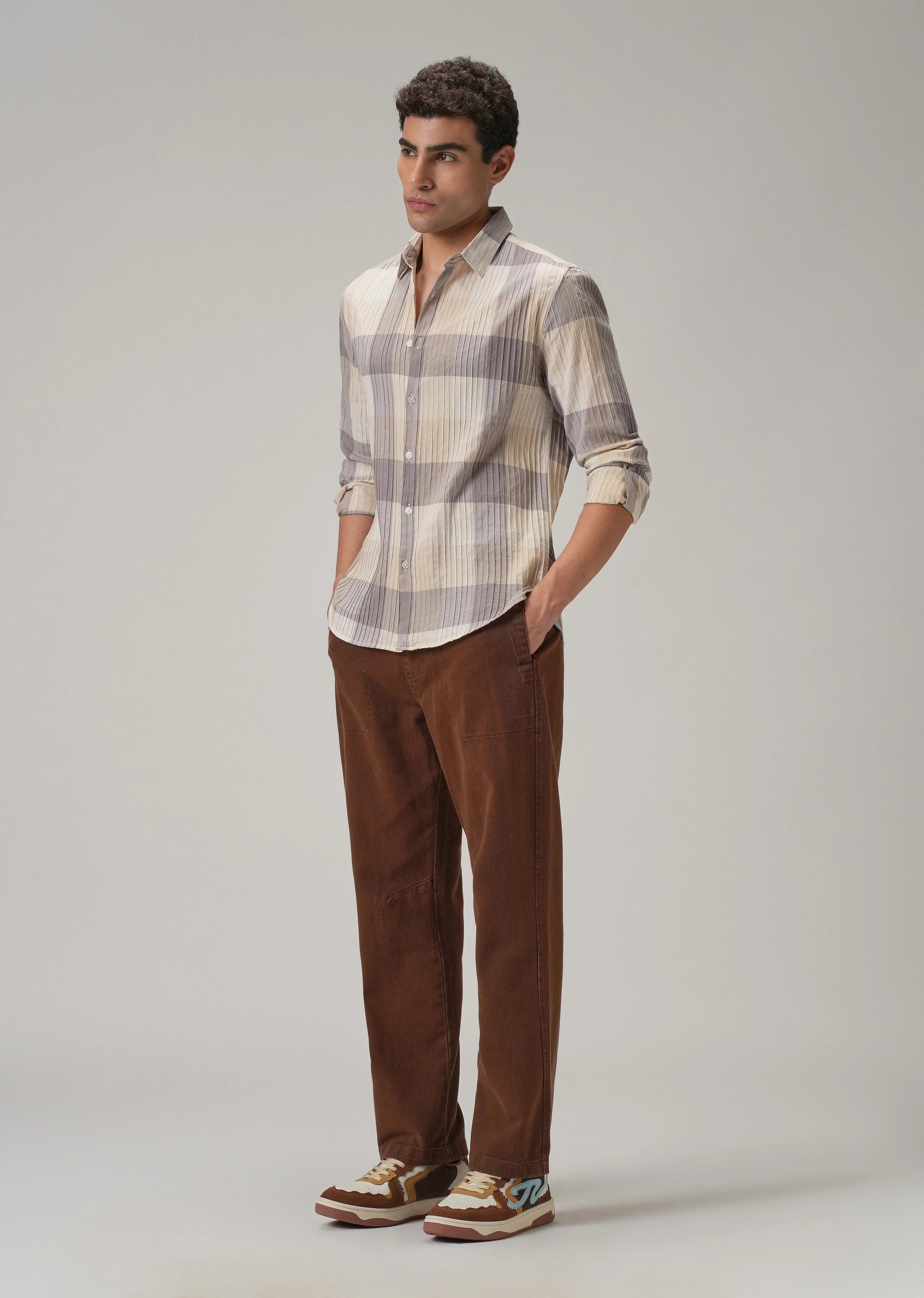 Self Pleat Lavender Beige Check Shirt - Image 6