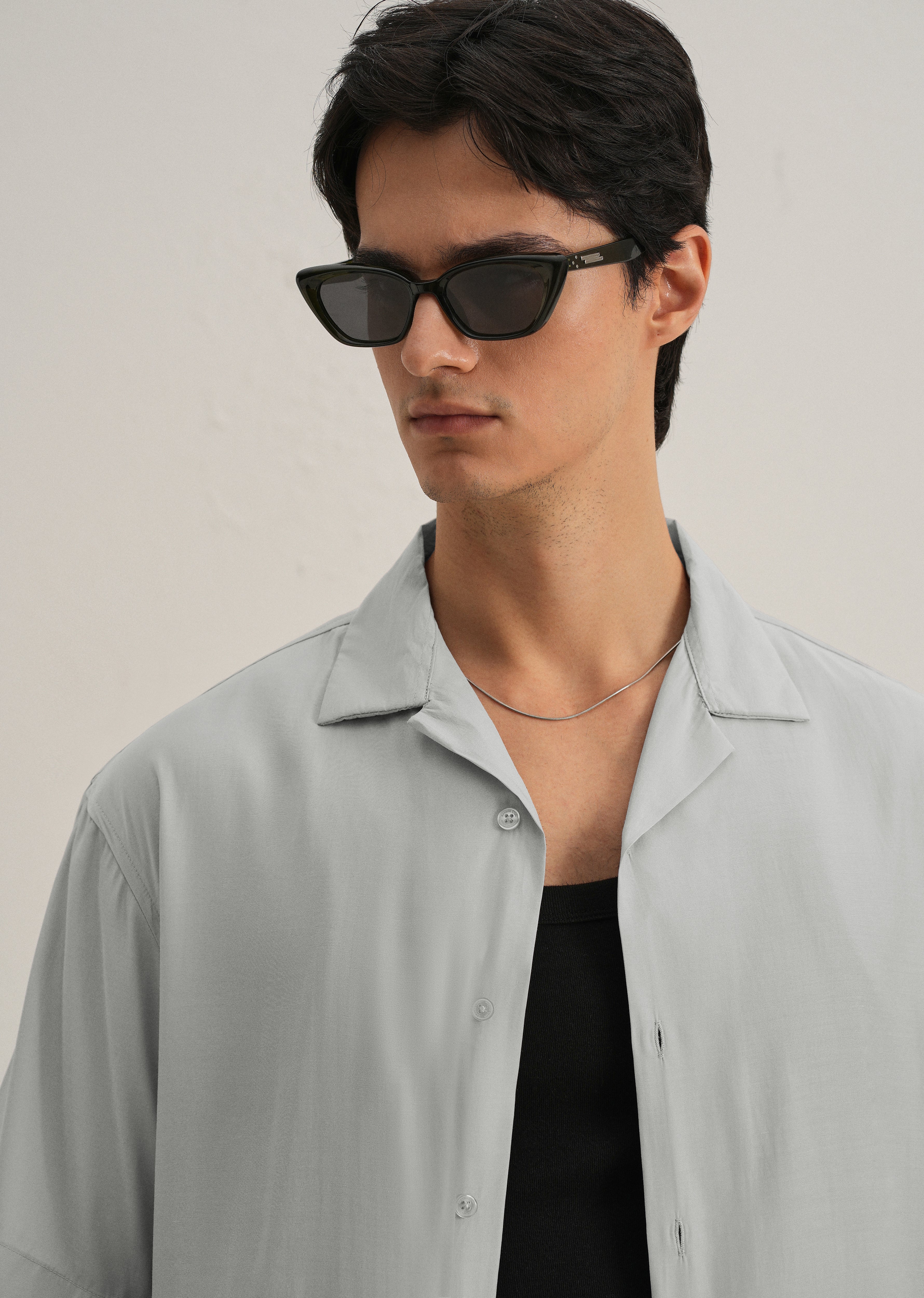 Shadow Grey Plain Sheen Cuban Collar Shirt - Image 5